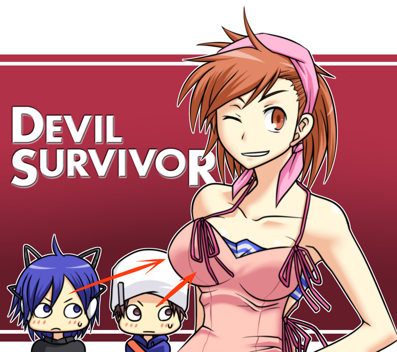 tonda, kihara atsurou, protagonist (devil survivor), tanigawa yuzu, devil survivor (series), devil survivor 1, 1girl, 2boys, bandana, bare shoulders, beanie, blue hair, blush, breasts, camisole, hat, headphones, large breasts, multiple boys, one eye closed, orange hair, ribbon, smirk, staring, tank top, wink