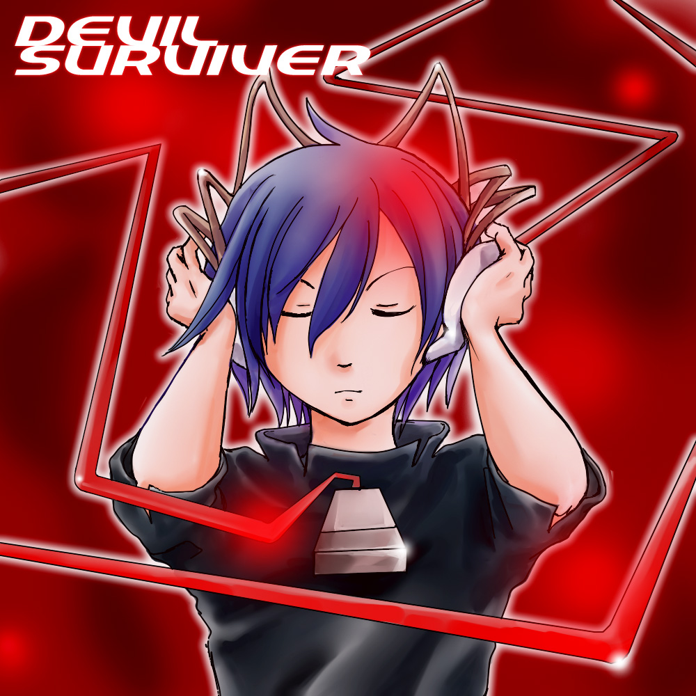 jouban, tokiwa (mukoku), protagonist (devil survivor), devil survivor (series), devil survivor 1, 1boy, blue hair, closed eyes, headphones, male focus, short hair, solo