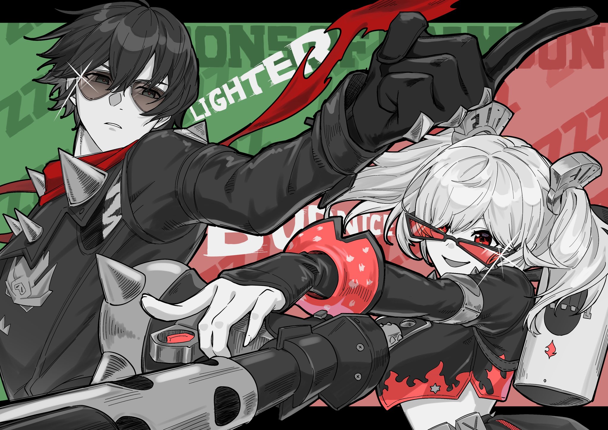 kikka 0141, burnice white, lighter (zenless zone zero), zenless zone zero, highres, 1boy, 1girl, black gloves, black jacket, black skirt, boots, breasts, flamethrower, gloves, jacket, limited palette, looking at viewer, open mouth, pleated skirt, pointing, red eyes, short twintails, skirt, sunglasses, twintails, weapon