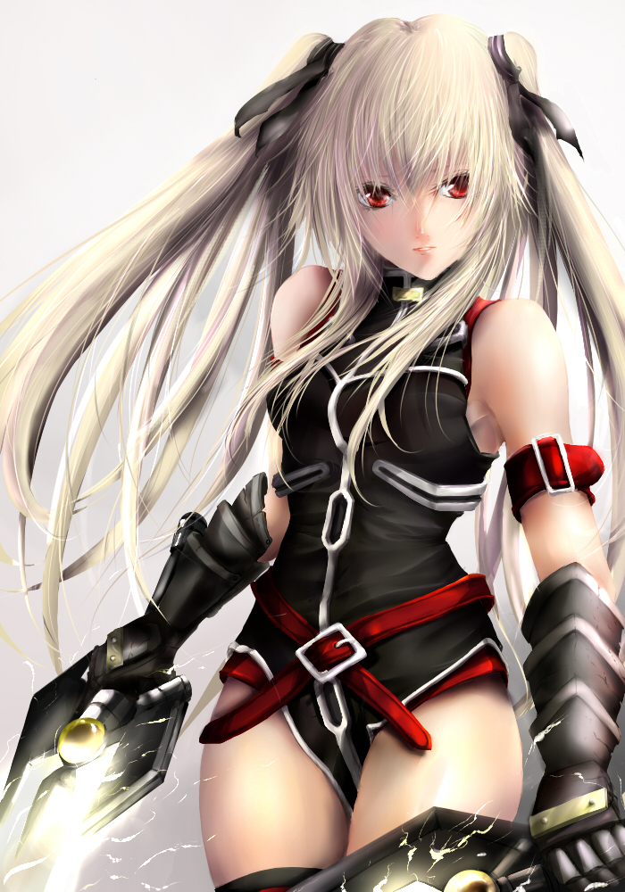 koukyou, takakyo, bardiche (nanoha), bardiche (riot zanber stinger) (nanoha), fate testarossa, fate testarossa (true sonic form), lyrical nanoha, mahou shoujo lyrical nanoha, mahou shoujo lyrical nanoha strikers, 00s, 1girl, bare shoulders, blonde hair, energy sword, female focus, gauntlets, long hair, realistic, red eyes, solo, sword, thighhighs, twintails, weapon
