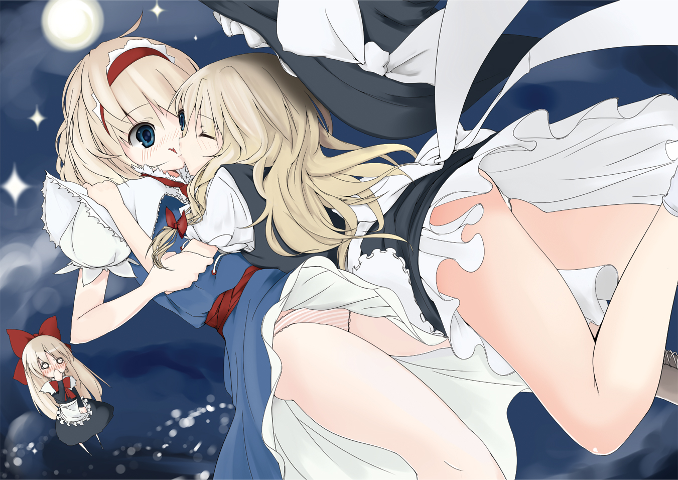 suzume miku, alice margatroid, kirisame marisa, shanghai doll, touhou, bad id, bad pixiv id, 2girls, blonde hair, blue eyes, blush, closed eyes, covering own mouth, doll, female focus, glomp, hairband, hand over own mouth, hat, hat ribbon, heart, hug, kiss, multiple girls, o o, panties, pantyshot, ribbon, striped clothes, striped panties, surprised, thighs, underwear, upskirt, witch hat, yuri