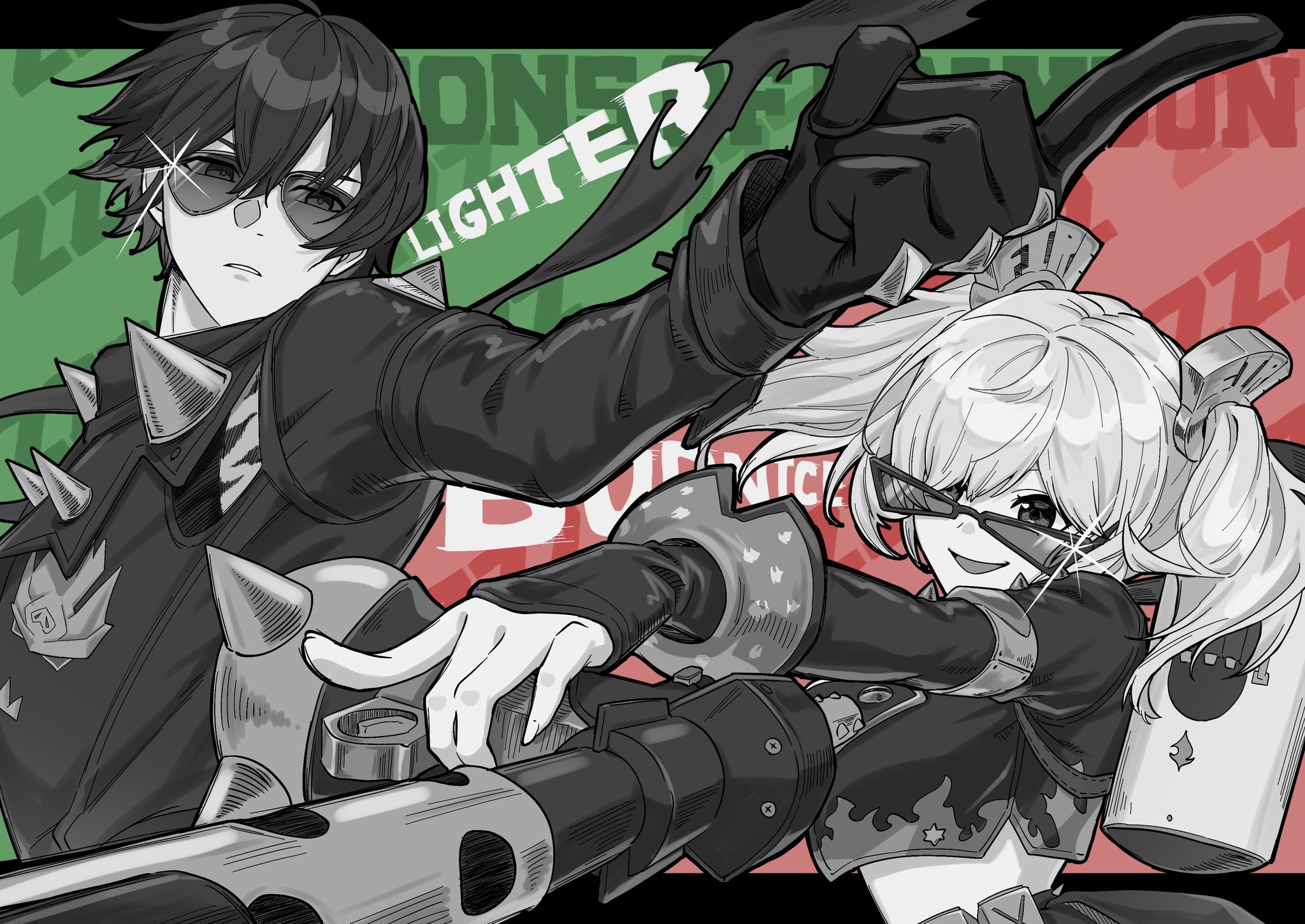 kikka 0141, burnice white, lighter (zenless zone zero), zenless zone zero, highres, 1boy, 1girl, black gloves, black jacket, black skirt, boots, breasts, flamethrower, gloves, greyscale with colored background, jacket, looking at viewer, open mouth, pleated skirt, pointing, short twintails, skirt, sunglasses, twintails, weapon