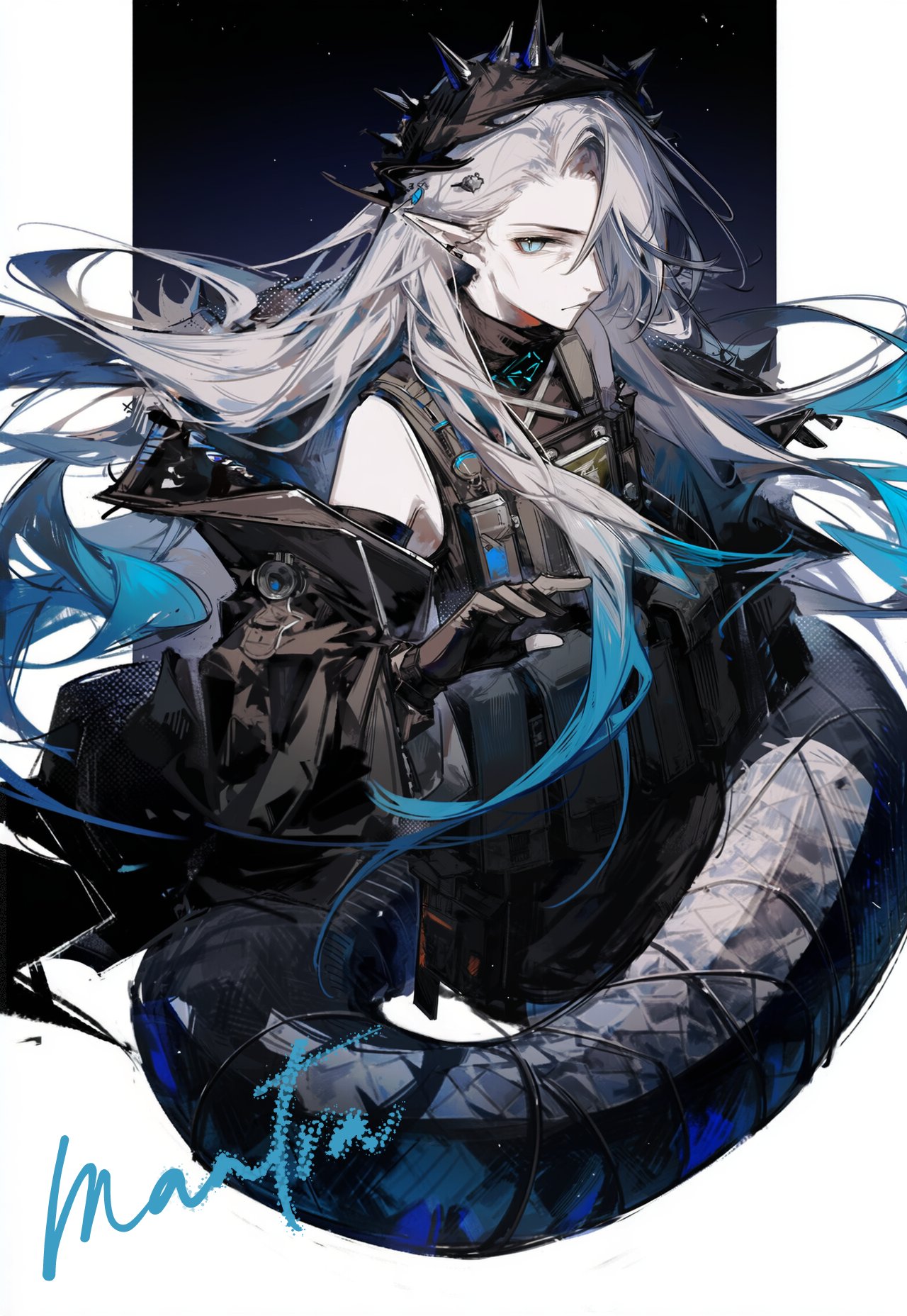 arknights, highres, 1girl, aqua hair, gradient hair, grey hair, long hair, mantra (arknights), multicolored hair, nmhxjrvjfj64131, old, old woman, pointy ears, slit pupils, snake girl, snake tail, solo, tail
