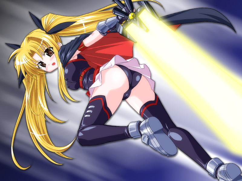yukimura hajime, bardiche (nanoha), bardiche (zanber form) (nanoha), fate testarossa, fate testarossa (lightning form), lyrical nanoha, mahou shoujo lyrical nanoha, mahou shoujo lyrical nanoha a's, 00s, 1girl, blonde hair, breasts, brown eyes, covered erect nipples, female focus, large breasts, solo, thighhighs, twintails