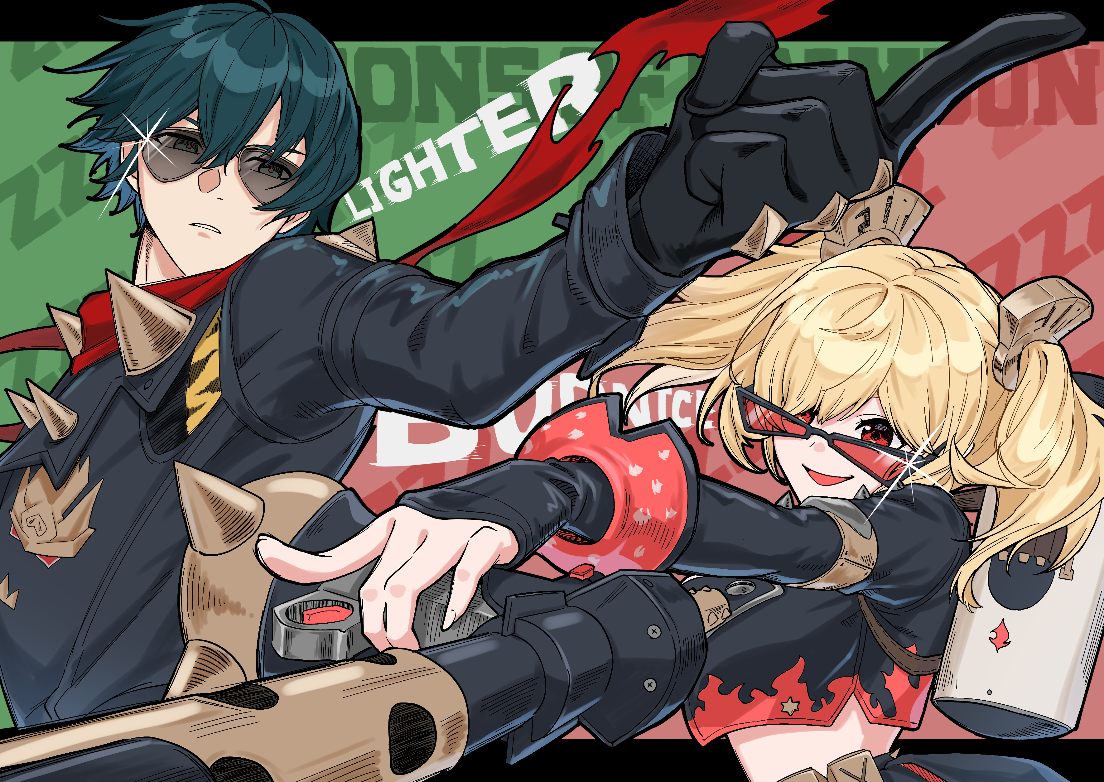 kikka 0141, burnice white, lighter (zenless zone zero), zenless zone zero, absurdres, highres, 1boy, 1girl, black gloves, black jacket, black skirt, blonde hair, boots, breasts, flamethrower, gloves, green hair, jacket, looking at viewer, open mouth, pleated skirt, pointing, red eyes, short twintails, skirt, sunglasses, twintails, weapon