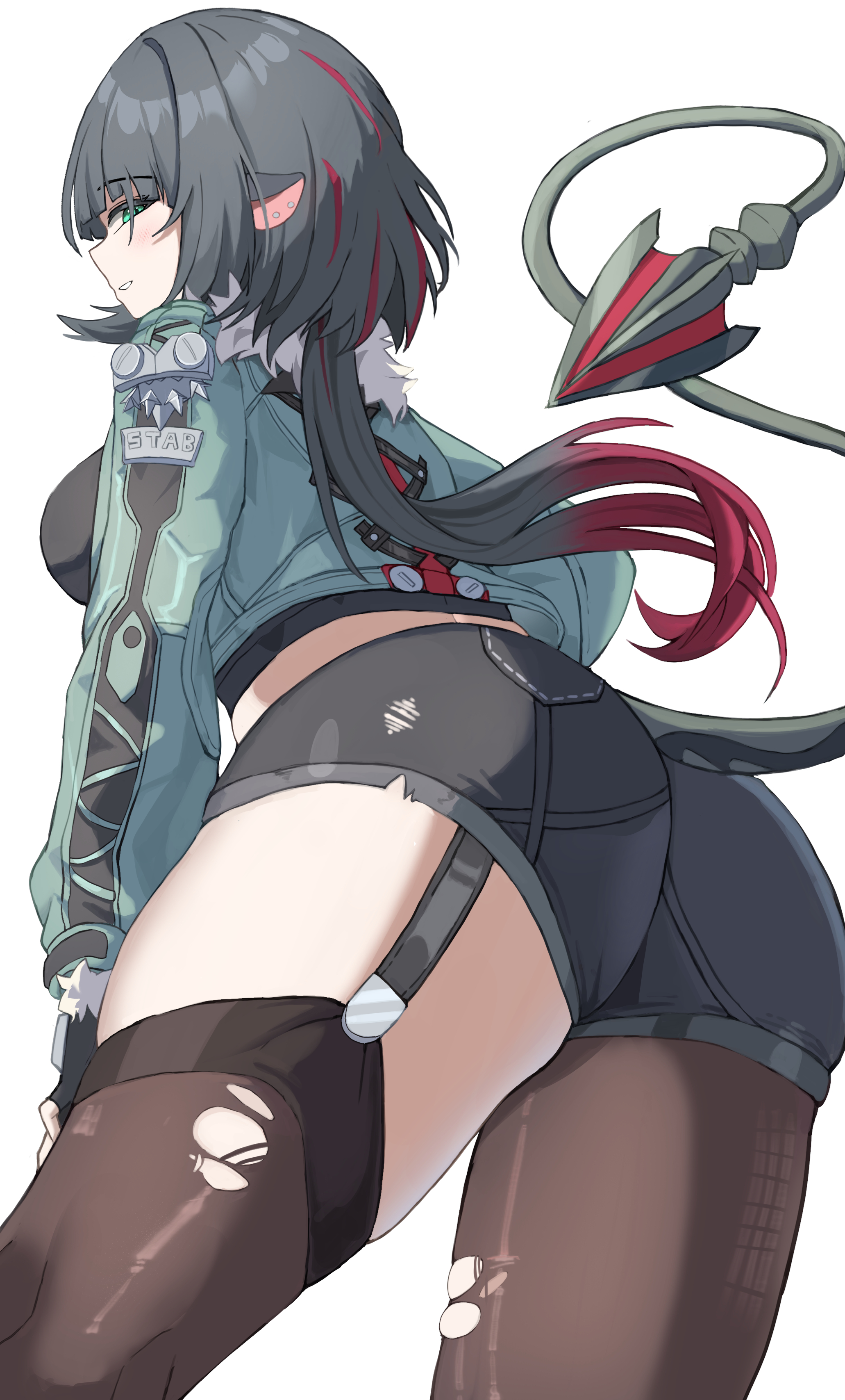 fahufahu, jane doe (zenless zone zero), zenless zone zero, 1girl, animal ears, ass, ass focus, black hair, breasts, fingerless gloves, from behind, from below, garter straps, gloves, gradient hair, green eyes, huge ass, jacket, large breasts, leaning, leaning forward, long hair, low ponytail, mouse ears, mouse girl, mouse tail, multicolored hair, pantyhose, pantyhose under shorts, ponytail, red hair, short shorts, shorts, sideboob, single thighhigh, smile, solo, tail, thighhighs, very long hair