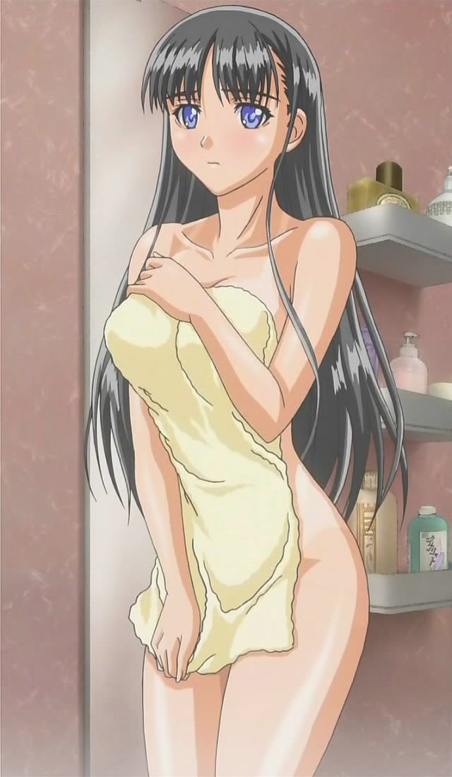 mizushima asa, ciel (company), sora no iro mizu no iro, interior, screencap, 00s, 1girl, bath, black hair, blue eyes, blush, breasts, collarbone, cover, embarrassed, indoors, long hair, looking at viewer, medium breasts, naked towel, nude, towel