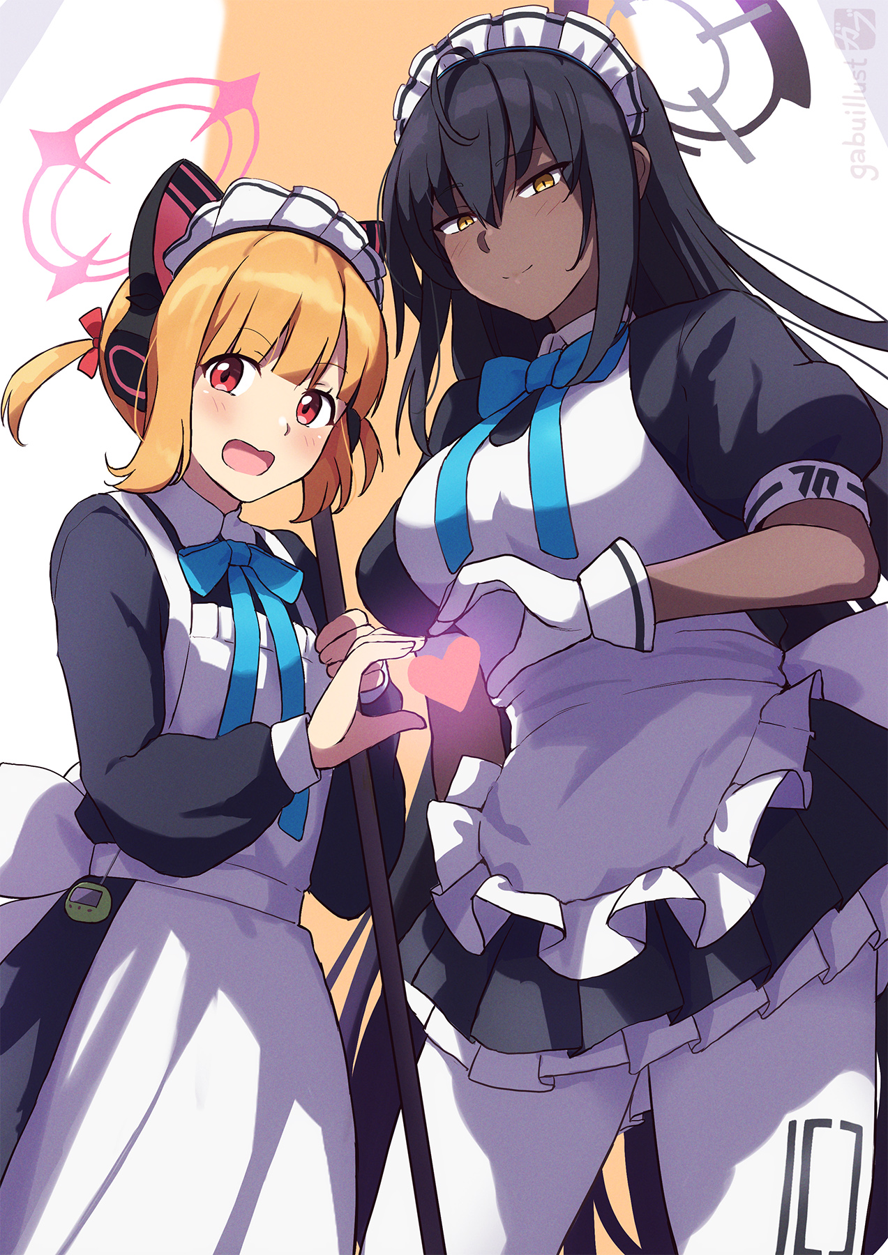 gabuillust, karin (blue archive), momoi (blue archive), momoi (maid) (blue archive), blue archive, commentary, highres, 2girls, animal ear headphones, animal ears, apron, black dress, black hair, blonde hair, blue bow, blue bowtie, blush, bow, bowtie, breasts, cat ear headphones, cat ears, dark-skinned female, dark skin, dress, fake animal ears, finger heart, frilled apron, frilled skirt, frills, gloves, hair between eyes, halo, headphones, large breasts, long hair, looking at viewer, maid, maid apron, maid headdress, multiple girls, open mouth, pantyhose, pink halo, puffy short sleeves, puffy sleeves, purple halo, red eyes, short hair, short sleeves, sidelocks, skirt, small breasts, smile, twintails, white gloves, white pantyhose, yellow eyes