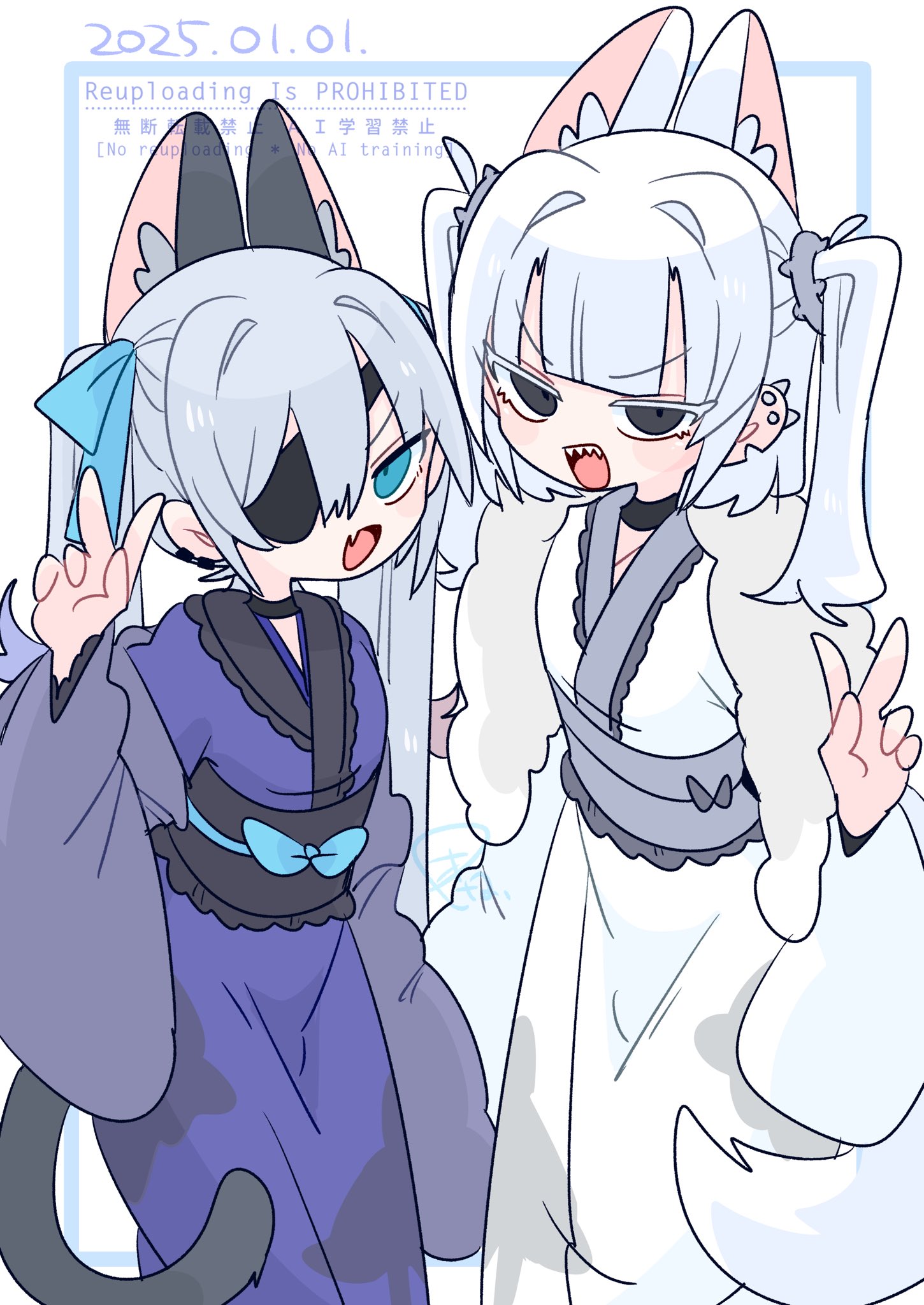 op na yarou, original, commentary request, highres, 2boys, :d, animal ear fluff, animal ears, black choker, black sash, black trim, blue bow, blue eyes, blue hair, blue sash, blunt bangs, bow, bulge, cat boy, cat ears, cat tail, choker, colored tips, cowboy shot, crossdressing, crossdressing (mtf), dated, ear piercing, earclip, eve (op na yarou), extra ears, eyepatch, fang, fangs, flipped hair, fur-trimmed jacket, fur trim, grey bow, grey eyes, grey sash, grey tail, grey trim, hair between eyes, hair bow, hair intakes, hair tie, hand up, jacket, japanese clothes, kimono, long hair, long sleeves, looking at viewer, male focus, medium hair, multicolored hair, multiple boys, no nose, notched ear, obi, off shoulder, one eye covered, open clothes, open jacket, open mouth, piercing, puffy long sleeves, puffy sleeves, purple kimono, quad tails, red hair, rigel (op na yarou), sash, sidelocks, simple background, skin fang, smile, standing, straight hair, tail, trap, two side up, v, v-shaped eyebrows, very long hair, watermark, white background, white hair, white jacket, white kimono