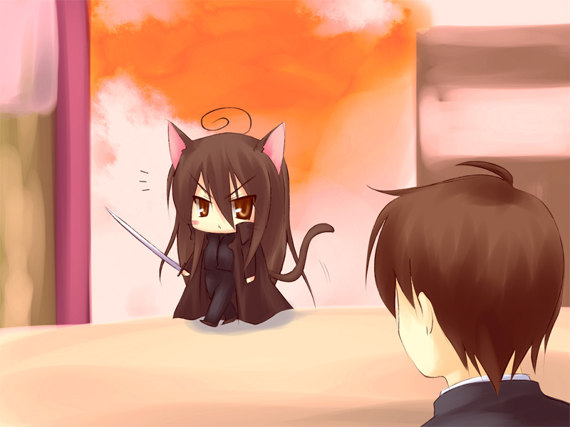 piku, sakai yuuji, shana, shakugan no shana, 00s, animal ears, black hair, brown eyes, cat ears, cat tail, chibi, long hair, sword, tail, weapon