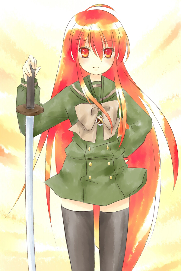 piku, alastor (shakugan no shana), shana, shakugan no shana, 00s, 1girl, female focus, jewelry, long hair, pendant, red eyes, red hair, school uniform, solo, sword, thighhighs, weapon, zettai ryouiki