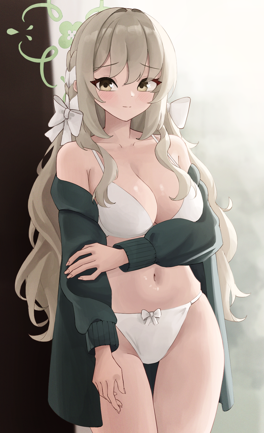 stellated icosahedron, miyo (blue archive), blue archive, commentary, highres, 1girl, alternate costume, bikini, blush, bow, bow bikini, braid, breasts, cardigan, cleavage, collarbone, green cardigan, grey hair, hair bow, hair ribbon, halo, large breasts, long hair, looking at viewer, navel, open cardigan, open clothes, ribbon, ribbon braid, solo, stomach, swimsuit, thigh gap, thighs, very long hair, white bikini, white bow, white ribbon