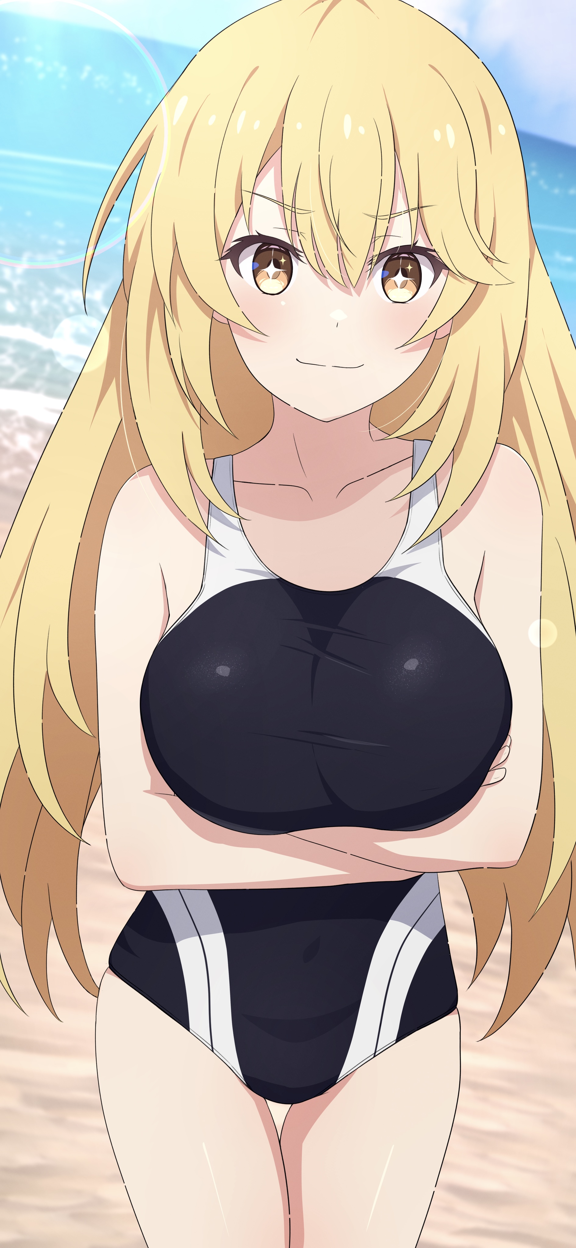 na-suke, shokuhou misaki, toaru kagaku no mental out, toaru kagaku no railgun, toaru majutsu no index, absurdres, highres, 1girl, arms under breasts, beach, black one-piece swimsuit, blonde hair, breasts, closed mouth, collarbone, competition school swimsuit, competition swimsuit, crossed arms, highleg, highleg one-piece swimsuit, large breasts, long hair, looking at viewer, multicolored swimsuit, ocean, one-piece swimsuit, outdoors, sand, school swimsuit, simple background, smile, solo, sparkling eyes, star (symbol), swimsuit, symbol-shaped pupils, thigh gap, tokiwadai school swimsuit, two-tone one-piece swimsuit, two-tone swimsuit, yellow eyes