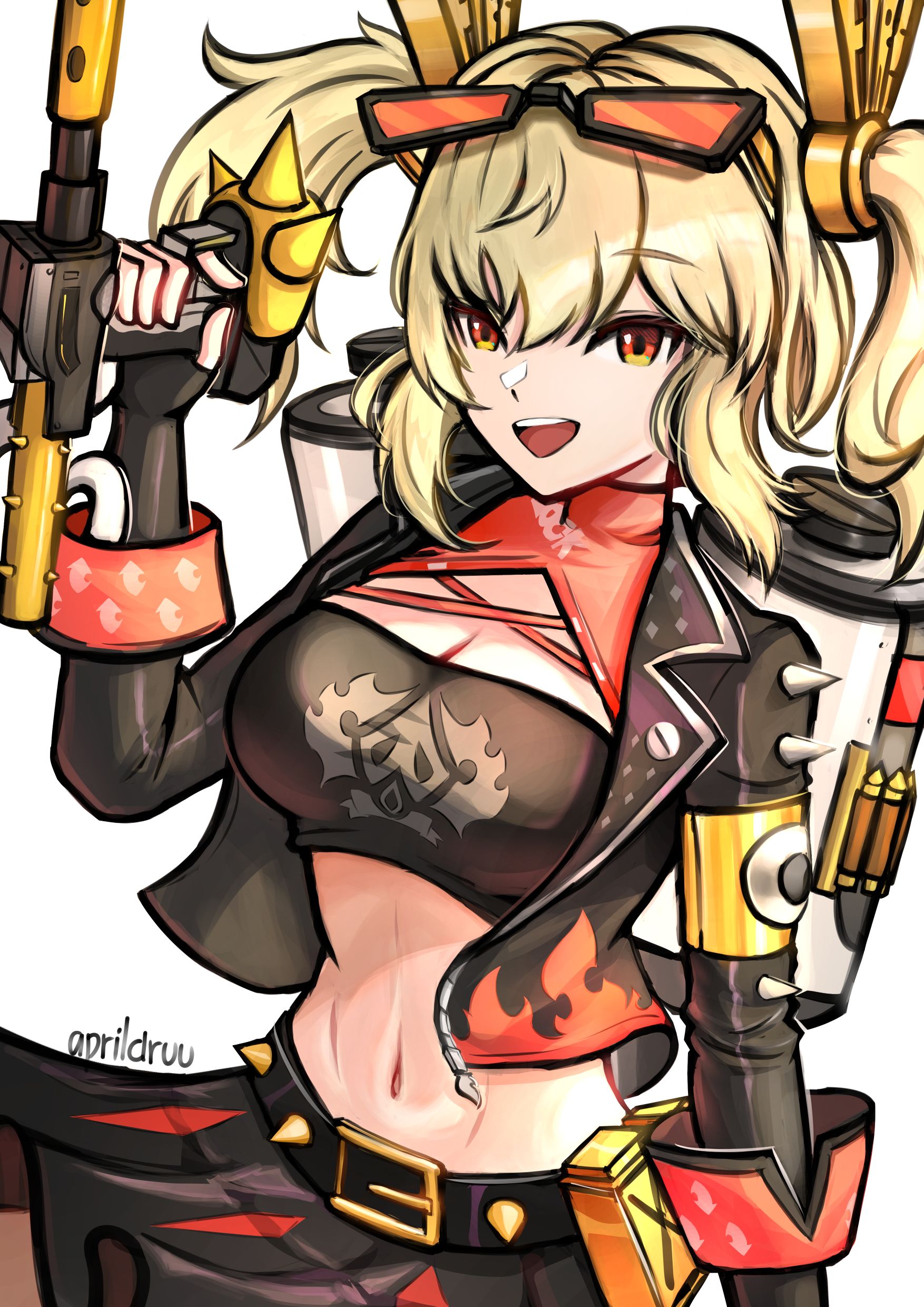 andrewaprilio, burnice white, zenless zone zero, absurdres, highres, 1girl, black jacket, black skirt, blonde hair, breasts, flamethrower, holding, holding flamethrower, holding weapon, jacket, medium breasts, navel, open mouth, pleated skirt, red eyes, short twintails, signature, skirt, sunglasses, twintails, weapon