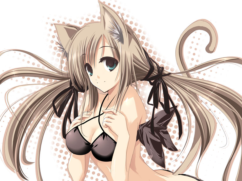 satomi (black scarecrow), original, 1girl, animal ears, aqua eyes, bikini, blue eyes, breast suppress, breasts, cat ears, cat tail, cleavage, female focus, hair ribbon, long hair, ribbon, smile, solo, swimsuit, tail, twintails