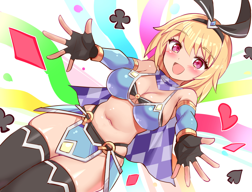 cougar (cougar1404), commentary, official art, 1girl, :d, armor, bikini armor, black gloves, black hairband, black thighhighs, blonde hair, blush, brave x junction, breasts, cape, cleavage, club (shape), cowboy shot, diamond (shape), fighter (brave x junction), fingerless gloves, gloves, hair between eyes, hairband, heart, large breasts, long hair, navel, open mouth, outstretched arms, red eyes, skindentation, smile, solo, spade (shape), thighhighs