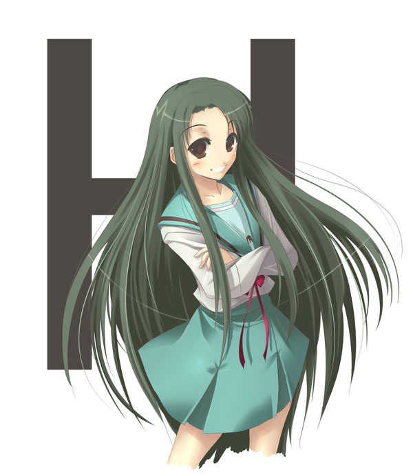 satomi (black scarecrow), tsuruya, suzumiya haruhi no yuuutsu, 00s, green hair, long hair, school uniform, serafuku, solo, very long hair