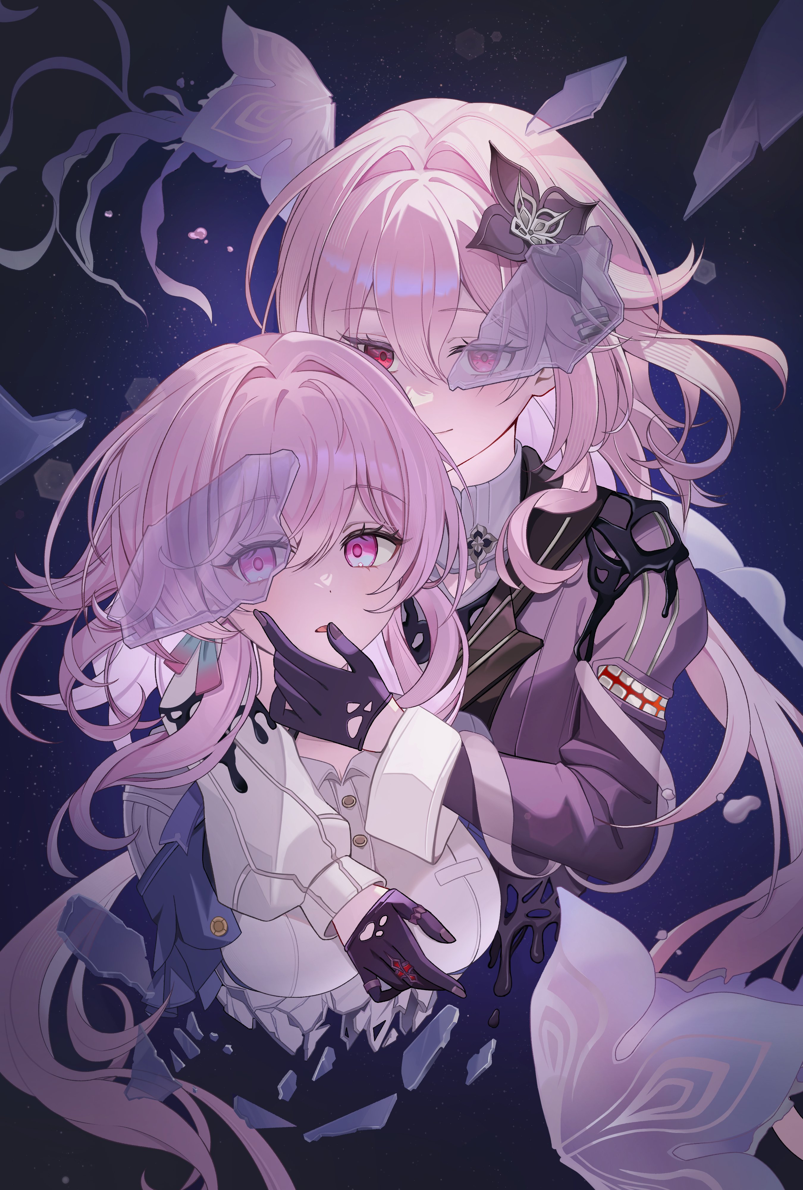 borii, evernight (honkai: star rail), march 7th (honkai: star rail), march 7th (preservation) (honkai: star rail), honkai: star rail, honkai (series), absurdres, hashtag-only commentary, highres, 2girls, breasts, buttons, dual persona, earrings, evey (honkai: star rail), flower, gloves, hair between eyes, hair flower, hair intakes, hair ornament, hairclip, jewelry, large breasts, long hair, long sleeves, multicolored eyes, multiple girls, parallel hairclips, pink hair, red eyes, shards, shirt, single earring, sleeve cuffs, star (sky), two-tone eyes, very long hair