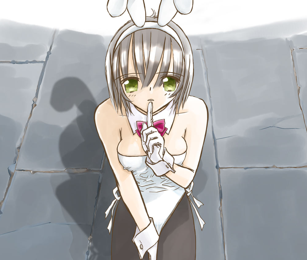 katao kapiroshi, original, silver hair, animal ears, fake animal ears, green eyes, pantyhose, playboy bunny, rabbit ears, short hair, solo