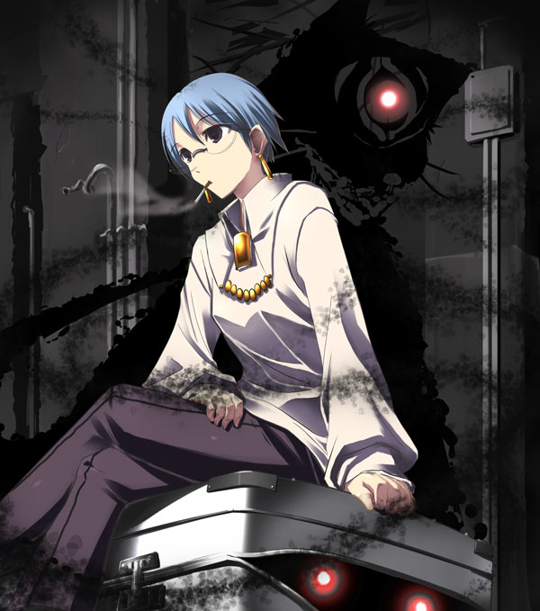 satomi (black scarecrow), aozaki touko, aozaki touko (original design), kara no kyoukai, 1girl, arm support, blue hair, cigarette, crossed legs, earrings, female focus, glasses, glowing, glowing eyes, jewelry, necklace, pants, short hair, sitting, smoke, smoking, solo, suitcase