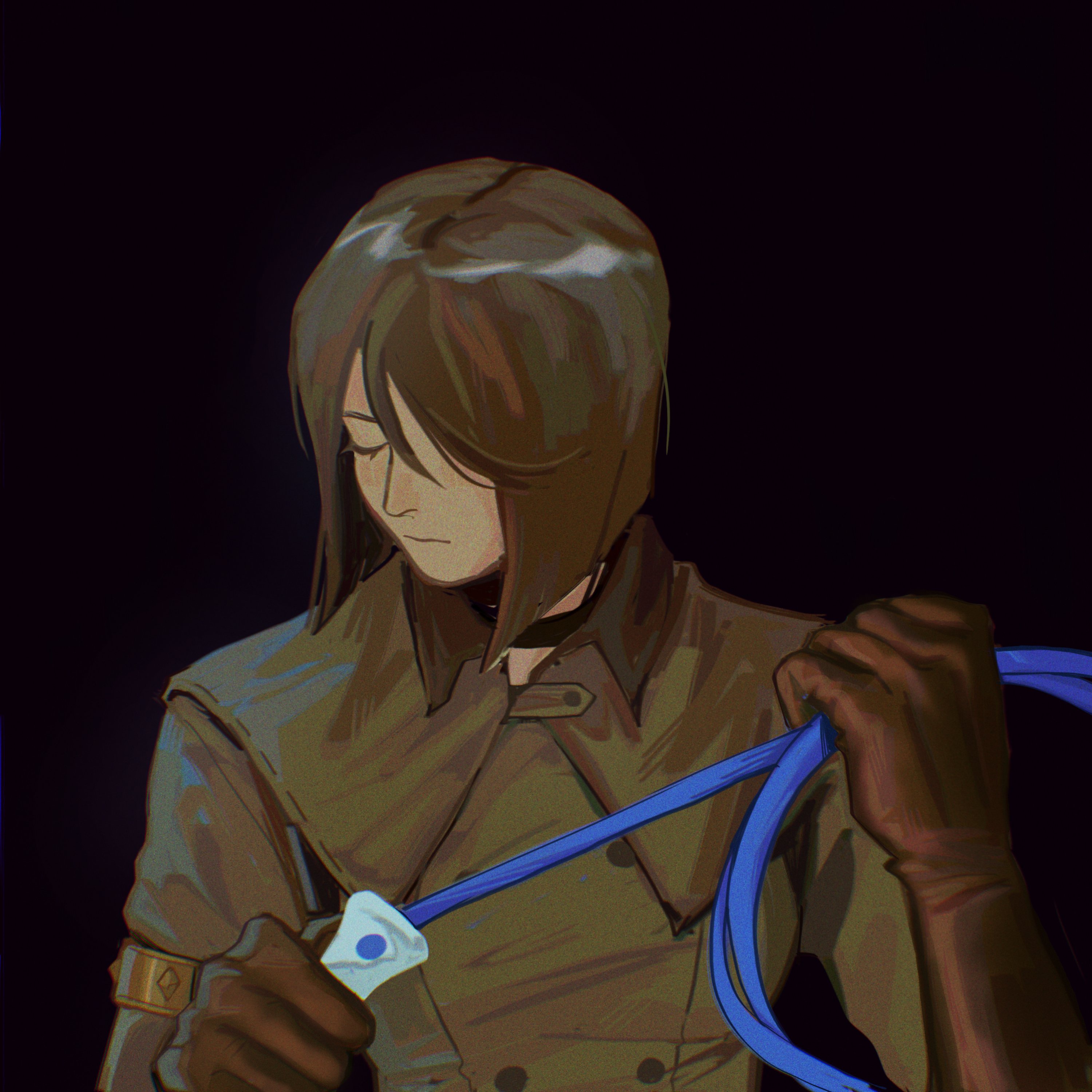 whip (kof), the king of fighters, absurdres, highres, 1girl, black background, brown gloves, brown hair, brown jacket, buttons, closed eyes, closed mouth, double-breasted, gloves, holding, holding whip, jacket, military uniform, myeochill, portrait, short hair, simple background, solo, whip
