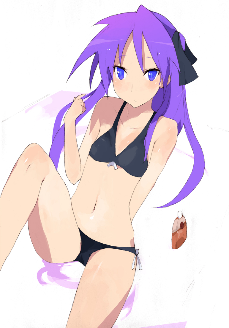 brws, hiiragi kagami, lucky star, 00s, 1girl, bikini, blue bikini, blue eyes, female focus, long hair, lotion, navel, purple hair, solo, sunscreen, swimsuit, white background