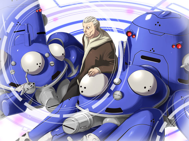 satomi (black scarecrow), batou (gits), tachikoma, ghost in the shell, ghost in the shell: stand alone complex, 00s, 1boy, cyborg, grey hair, male focus, mecha, no pupils, ponytail, robot, solo, white hair