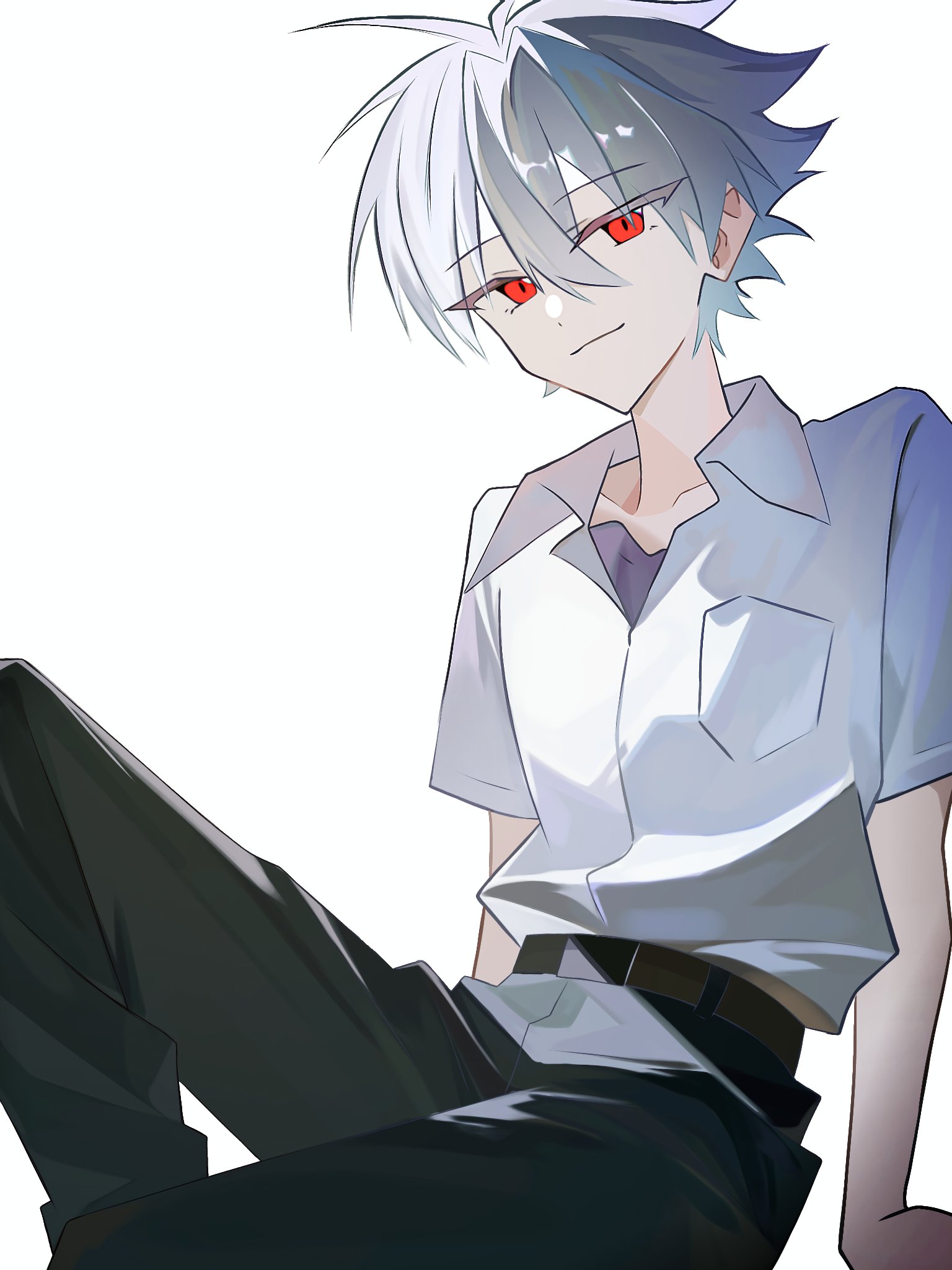 nagisa kaworu, neon genesis evangelion, highres, 1boy, belt, belt buckle, black pants, buckle, closed mouth, collared shirt, dot nose, grey hair, hair between eyes, lamppost, male focus, pants, red eyes, rei s saterage, school uniform, shirt, short hair, simple background, sitting, smile, solo, tokyo-3 middle school uniform, undershirt, white background, white shirt