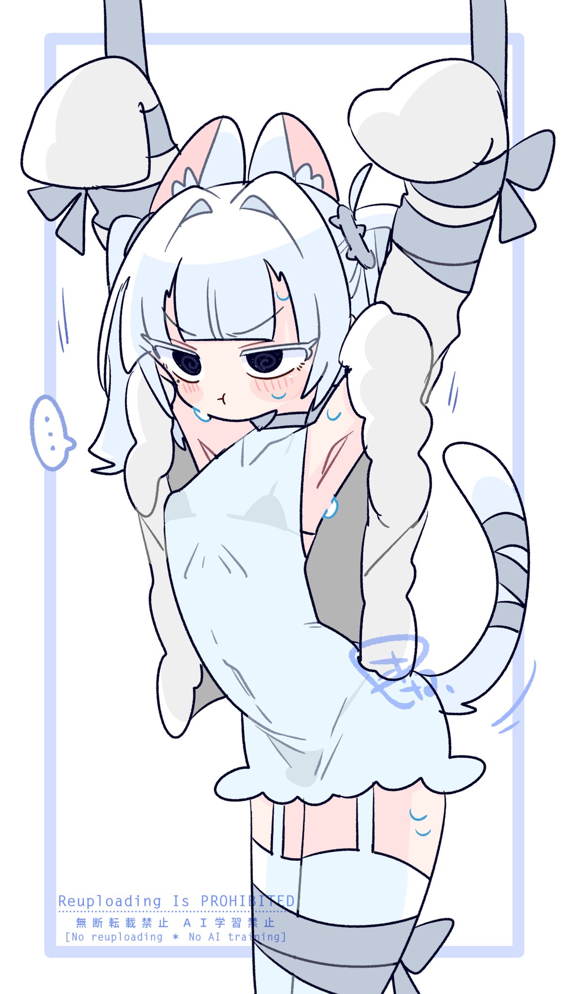 op na yarou, original, commentary, highres, …, 1boy, @ @, animal ear fluff, animal ears, arched back, armpits, arms up, bare shoulders, black eyes, blunt bangs, blush, bound, bound legs, bound thighs, bound wrists, bow, bra, bra strap, bulge, cat boy, cat ears, cat tail, choker, collarbone, covered navel, cowboy shot, crossdressing, crossdressing (mtf), dress, ear piercing, eve (op na yarou), fur-trimmed jacket, fur trim, garter straps, grey bow, grey bra, grey choker, grey ribbon, hair intakes, hair tie, jacket, long sleeves, male focus, medium hair, microdress, mole, mole under eye, motion lines, no nose, notched ear, off shoulder, open clothes, open jacket, piercing, pout, ribbon, see-through clothes, see-through dress, sidelocks, simple background, sleeveless, sleeveless dress, sleeves past fingers, sleeves past wrists, solo, speech bubble, spoken ellipsis, standing, sweat, tail, tail ornament, tail ribbon, thighhighs, thighs, trap, two side up, underwear, v-shaped eyebrows, watermark, white background, white dress, white hair, white jacket, white thighhighs