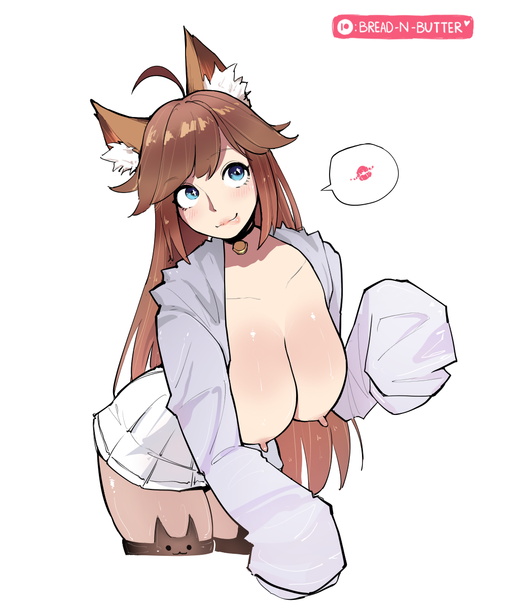 bread-n-butter, chelzor the destroyer, indie virtual youtuber, highres, non-web source, + +, 1girl, ahoge, animal ears, bell, biting own lip, blue eyes, breasts, brown hair, cat ears, cat girl, collar, fangs, hood, hoodie, large breasts, long nipples, neck bell, pleated skirt, skirt, tank top, thighs, topless female, vitual youtuber