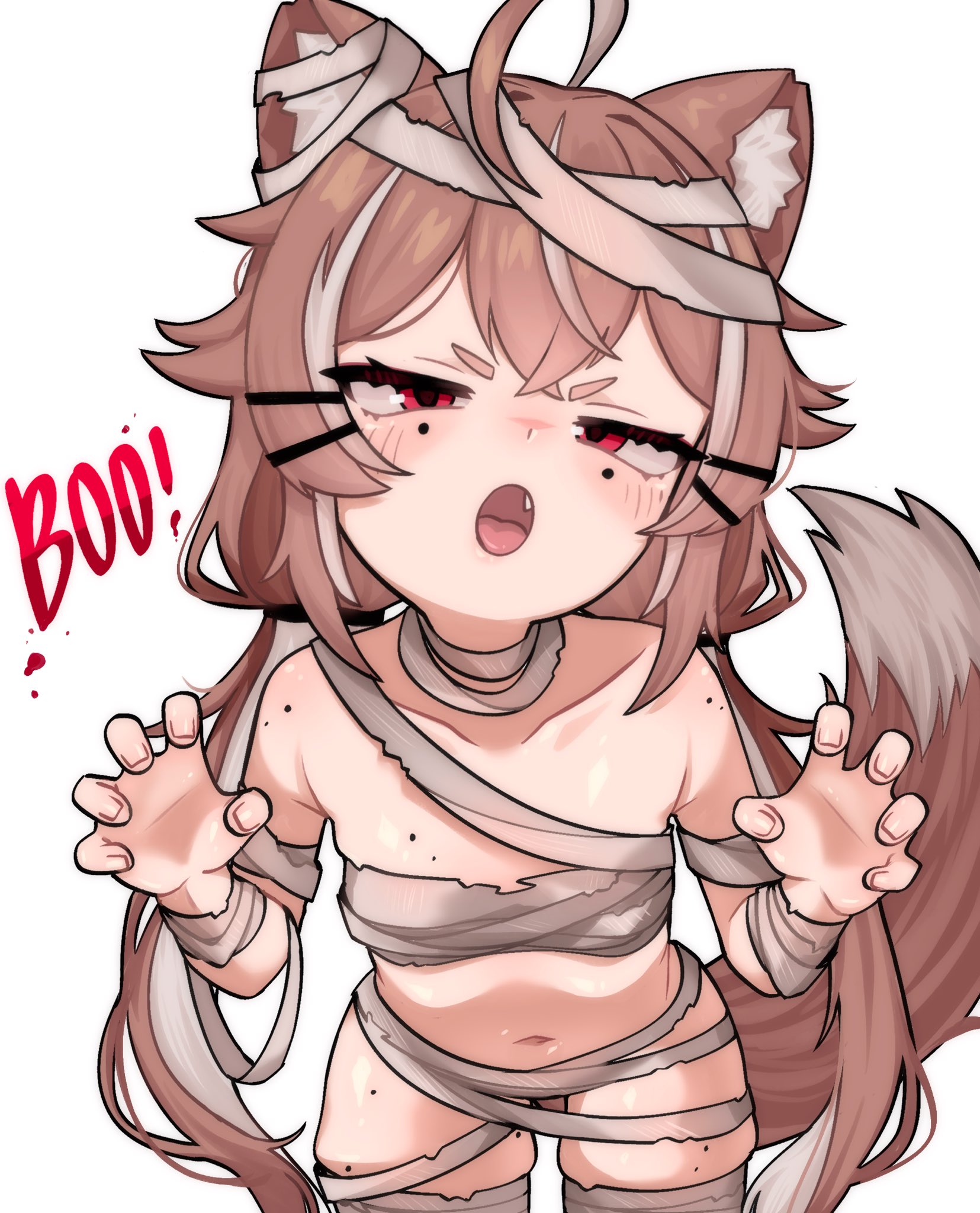 mocha-tan, mocha-tan (character), indie virtual youtuber, highres, 1girl, animal ears, bandages, blush, breasts, brown hair, cat ears, cat girl, cat tail, english text, fang, hair between eyes, looking at viewer, mole, mole under each eye, mole under eye, multicolored hair, multiple moles, naked bandage, open mouth, red eyes, small breasts, solo, streaked hair, tail, two-tone hair, virtual youtuber, white background