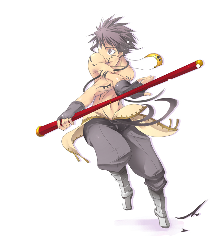 satomi (black scarecrow), 1boy, armor, black eyes, black hair, covered mouth, fingerless gloves, gloves, greaves, male focus, pants, pole, solo, spiked hair, staff, tattoo, topless male, weapon, white background