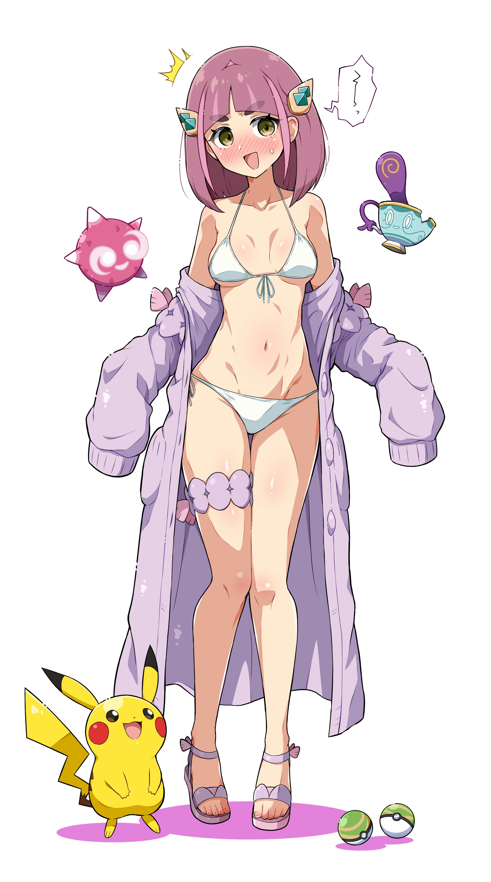 eggman (ni tamagoex), lacey (pokemon), minior, minior (core), minior (red core), pikachu, sinistea, nintendo, pokemon, pokemon sv, absurdres, commentary request, highres, 1girl, arched bangs, bikini, blush, collarbone, colored skin, embarrassed, eyelashes, floating, full body, gen 1 pokemon, gen 7 pokemon, gen 8 pokemon, hair ornament, hairclip, heart, jacket, long sleeves, medium hair, navel, nest ball, nose blush, open clothes, open jacket, open mouth, poke ball, pokemon (creature), purple hair, sandals, simple background, sleeves past fingers, sleeves past wrists, smile, standing, surprised, swimsuit, tail, thick eyebrows, thigh strap, toes, white background, white bikini, yellow eyes, yellow skin