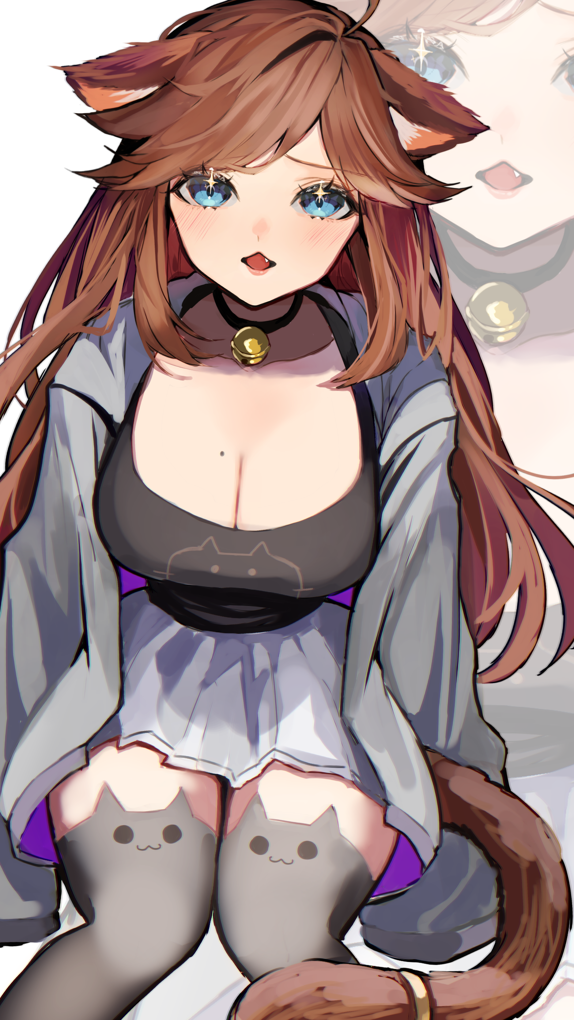 suzuno woto, chelzor the destroyer, indie virtual youtuber, absurdres, highres, non-web source, + +, 1girl, animal ears, bell, black choker, blue eyes, breasts, brown hair, cat ears, cat girl, cat tail, choker, cleavage, fang, hood, hoodie, large breasts, long hair, mole, neck bell, pleated skirt, skirt, tail, tail ornament, tail ring, thighhighs, very long hair, virtual youtuber