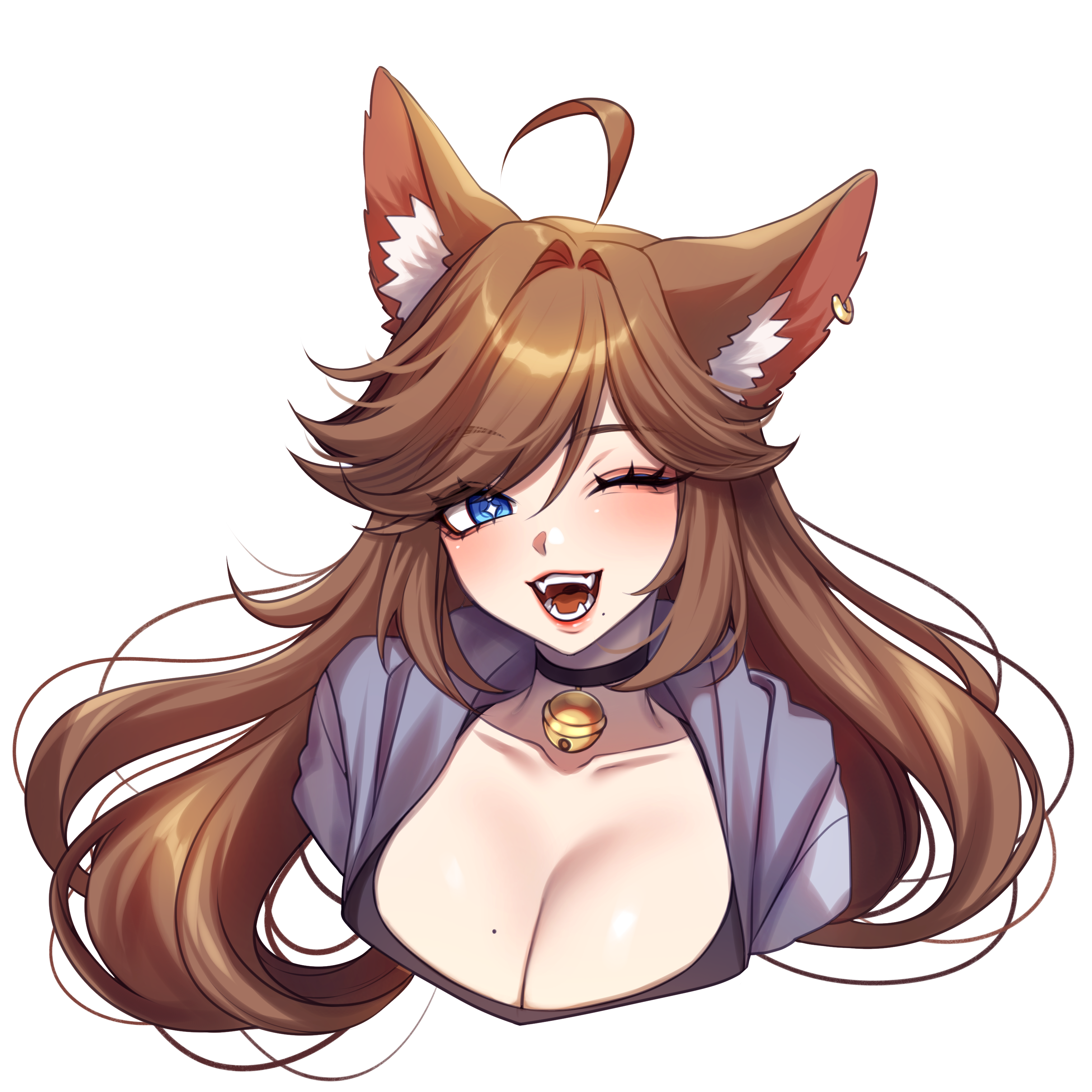 sasucchi95, chelzor the destroyer, indie virtual youtuber, absurdres, highres, non-web source, + +, 1girl, animal ears, bell, black choker, blue eyes, breasts, brown hair, cat ears, cat girl, cat tail, choker, fang, hood, hoodie, large breasts, long hair, mole, neck bell, tail, very long hair, virtual youtuber