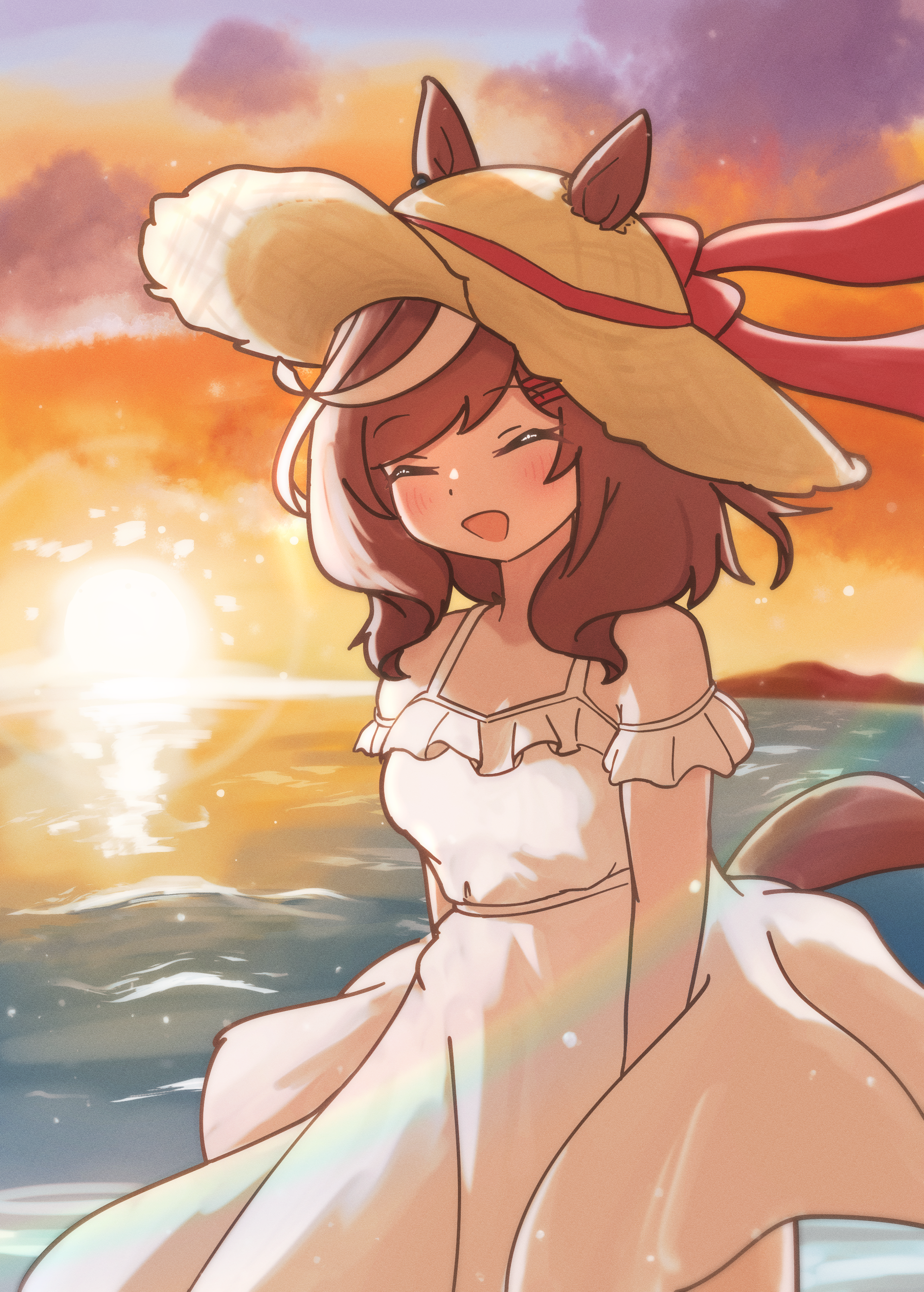 matikanetannhauser (umamusume), umamusume, absurdres, commentary request, highres, 1girl, alternate costume, animal ears, blush, breasts, cleavage, cloud, collarbone, dress, hair between eyes, hair ornament, hat, horse ears, horse girl, long hair, medium breasts, medium hair, open mouth, sky, solo, straw hat, sunset, tsurara1207