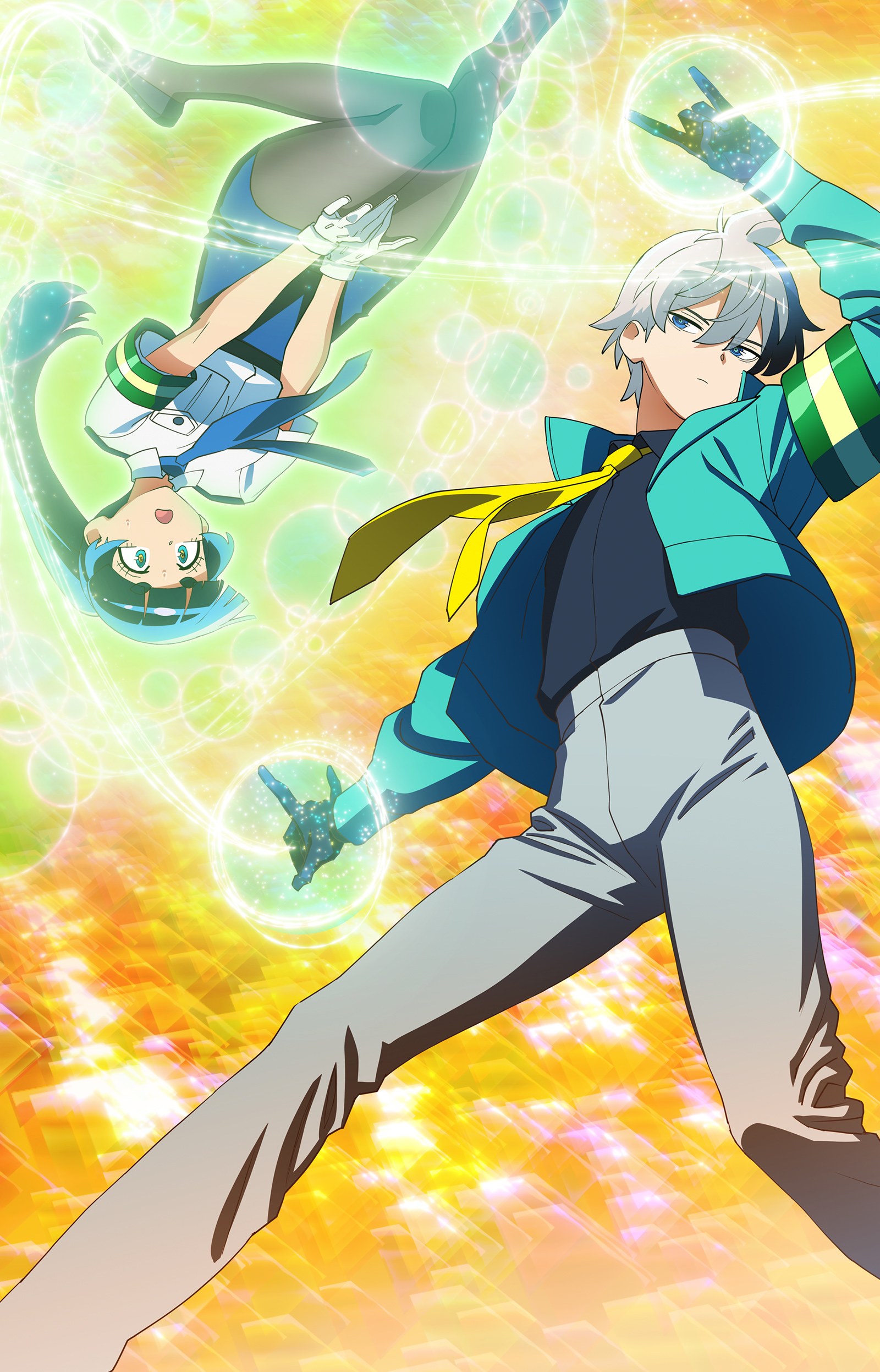 choujou meguru, ippongi nao, choujun! choujou senpai, absurdres, highres, key visual, official art, promotional art, 1boy, 1girl, black gloves, black hair, black pantyhose, black shirt, blue eyes, blue necktie, blue skirt, gloves, green eyes, green hair, green jacket, grey pants, jacket, long hair, multicolored hair, necktie, open clothes, open jacket, pants, pantyhose, police, police uniform, policewoman, ponytail, shirt, short hair, short sleeves, skirt, two-tone hair, white gloves, white hair, white shirt, yellow necktie