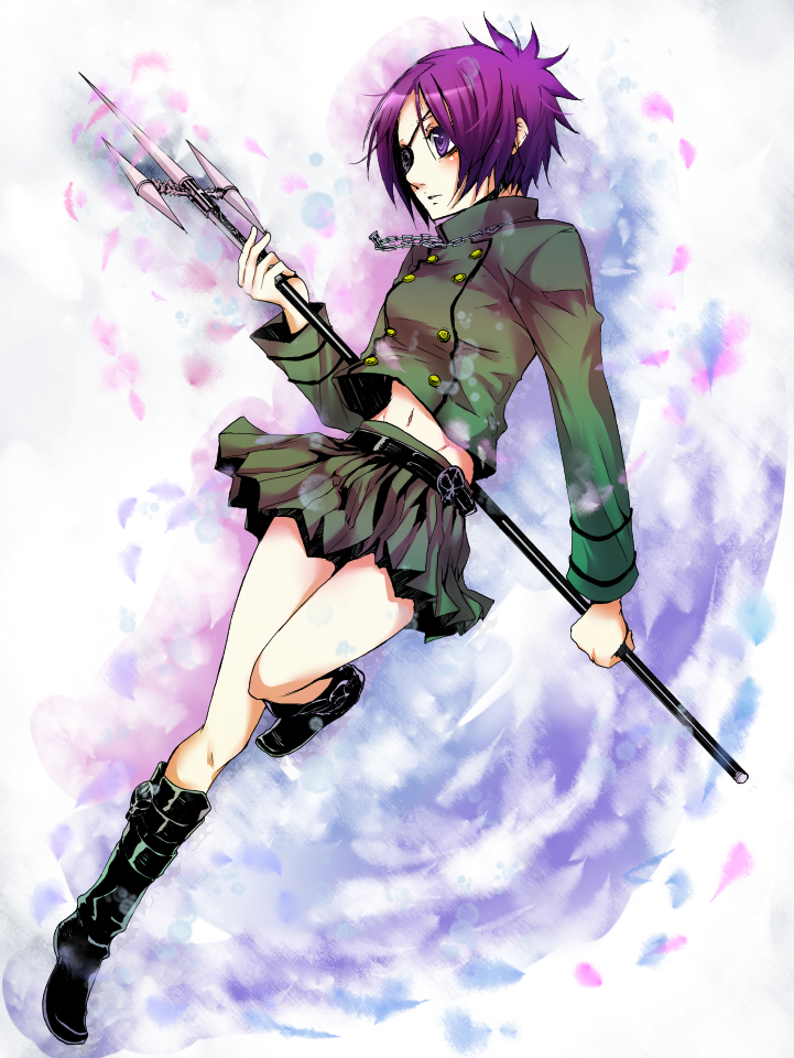 akiduki kozue, chrome dokuro, katekyo hitman reborn!, bad id, bad pixiv id, 00s, 1girl, belt, boots, buttons, chain, eyepatch, female focus, full body, gradient background, jacket, midriff, miniskirt, petals, polearm, purple eyes, purple hair, short hair, skirt, skull, solo, spear, staff, trident, weapon