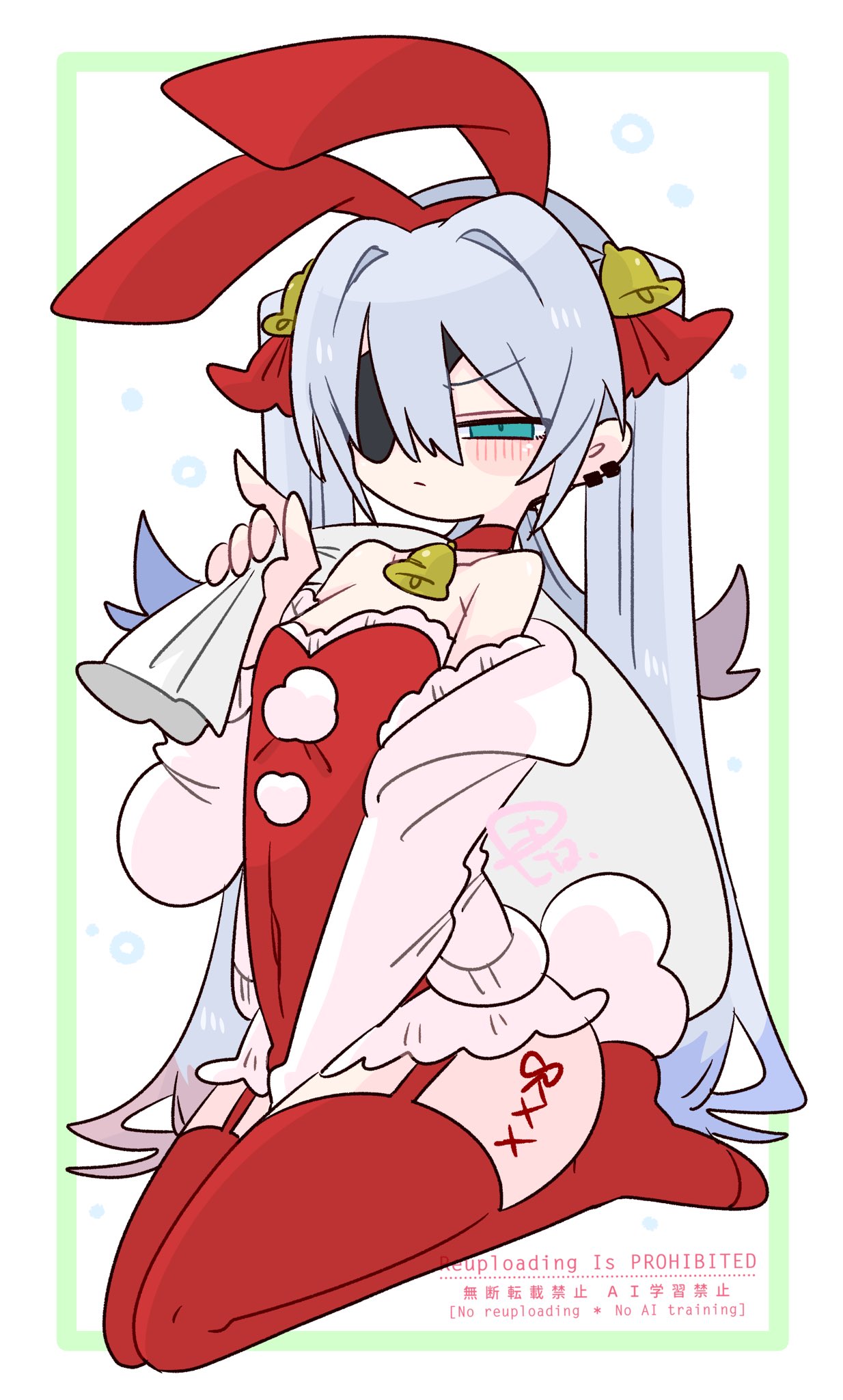 op na yarou, original, commentary, highres, 1boy, :/, animal ear hairband, animal ears, armpit crease, bare shoulders, bell, between legs, blue eyes, blue hair, blush, bow, bulge, cardigan, choker, christmas, collarbone, colored tips, covered navel, crossdressing, crossdressing (mtf), double-parted bangs, earclip, eyepatch, fake animal ears, fake tail, flipped hair, frills, full body, furrowed brow, garter straps, hair bell, hair between eyes, hair bow, hair intakes, hair ornament, hairband, hand between legs, hand up, holding, holding sack, leotard, long hair, long sleeves, looking at viewer, male focus, male playboy bunny, multicolored hair, narrowed eyes, neck bell, no nose, no shoes, off shoulder, one eye covered, open cardigan, open clothes, playboy bunny, quad tails, rabbit ear hairband, rabbit ears, rabbit tail, red bow, red choker, red hair, red hairband, red leotard, red thighhighs, rigel (op na yarou), sack, santa costume, seiza, sidelocks, simple background, sitting, solo, straight hair, strapless, strapless leotard, tail, thighhighs, thighs, trap, very long hair, watermark, white background, white cardigan, white hair