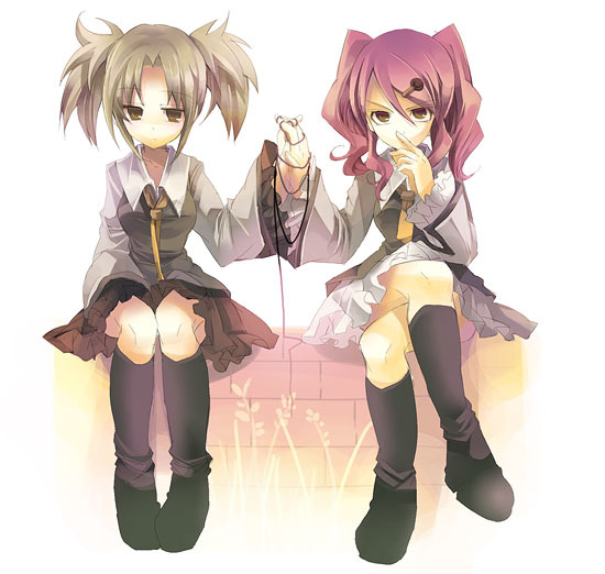fruit punch, droite (tales), gauche (tales), tales of (series), tales of vesperia, 00s, 2girls, boots, green hair, knee boots, multiple girls, red hair, skirt, string, twintails