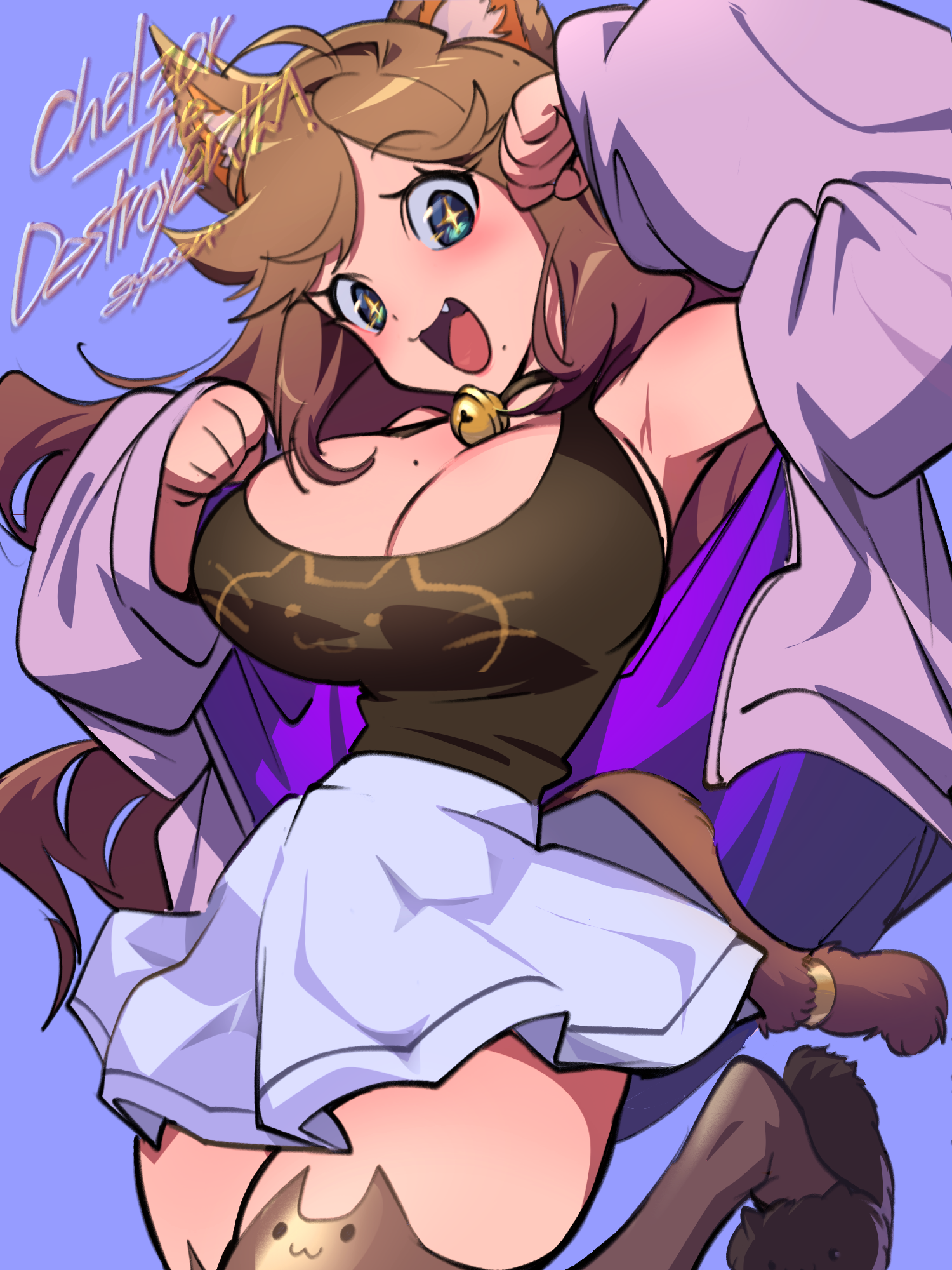 gyosone, chelzor the destroyer, indie virtual youtuber, highres, non-web source, + +, ahoge, animal ears, bell, black choker, blue eyes, breasts, brown hair, cat ears, cat girl, cat tail, choker, fang, hood, hoodie, large breasts, long hair, mole, neck bell, pleated skirt, skirt, slippers, tail, tail ornament, tail ring, thighhighs, very long hair, virtual youtuber