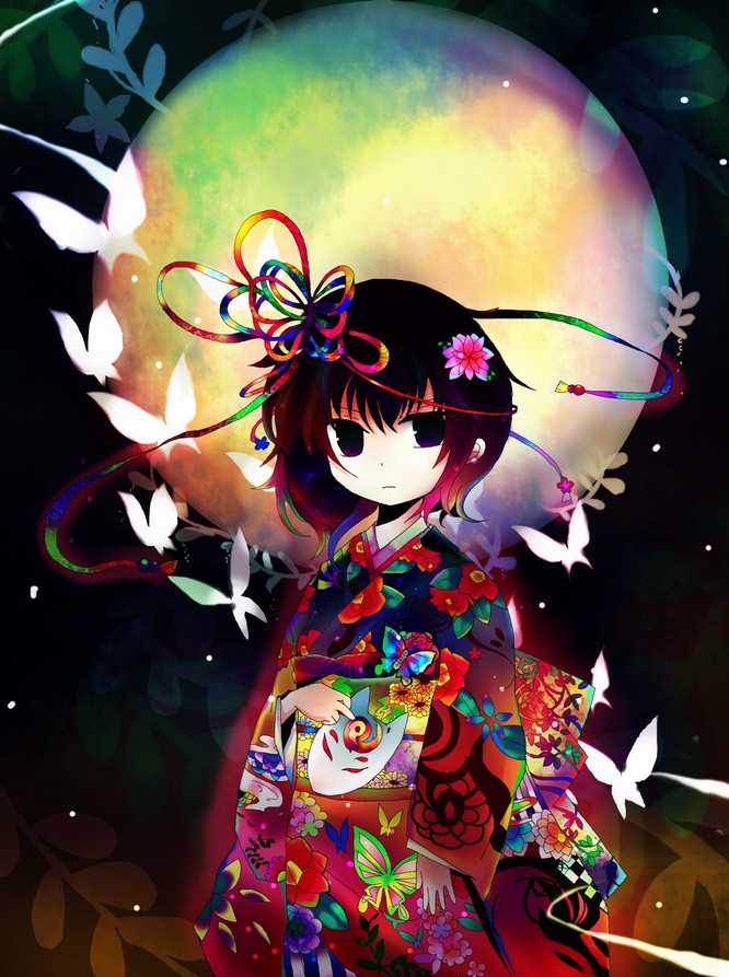 kazu (muchuukai), original, bug, butterfly, fox mask, full moon, insect, japanese clothes, mask, moon, short hair, solo