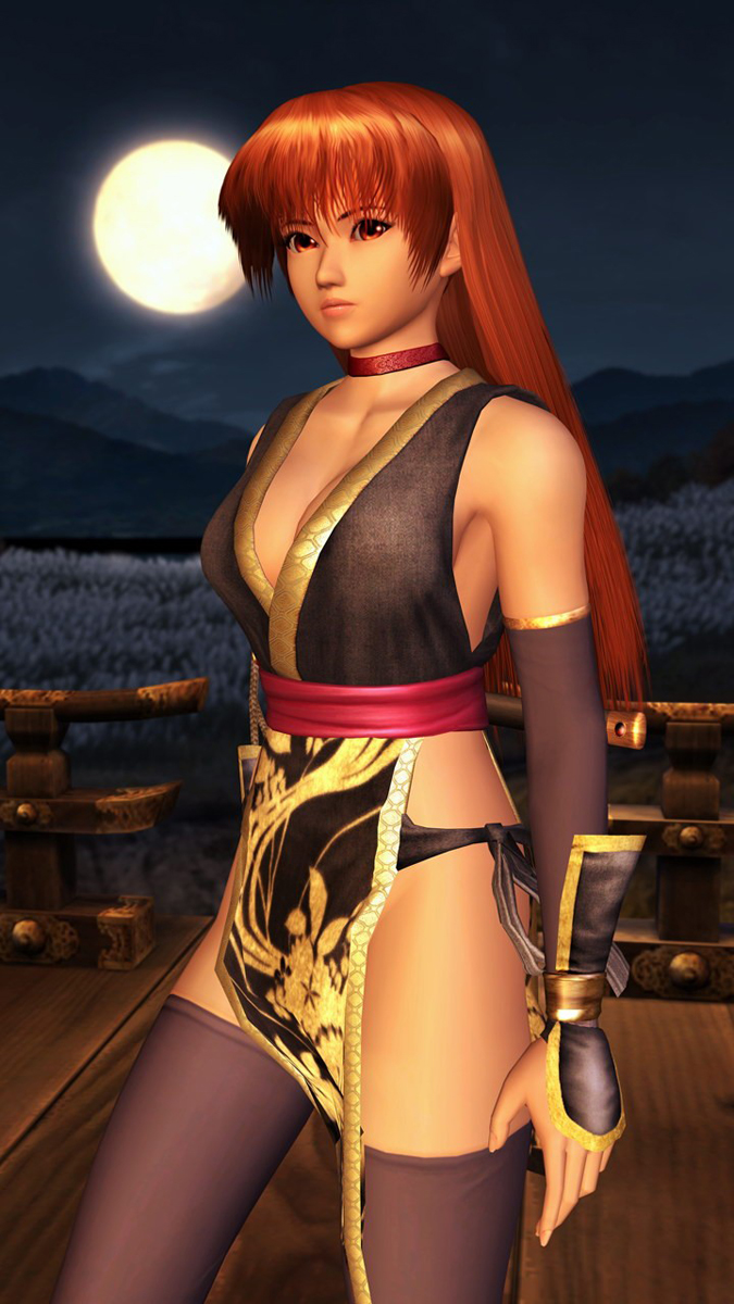 kasumi (doa), dead or alive, tecmo, highres, official art, 1girl, 3d, breasts, brown eyes, brown hair, cleavage, female focus, large breasts, long hair, pelvic curtain, ponytail, solo, thighhighs