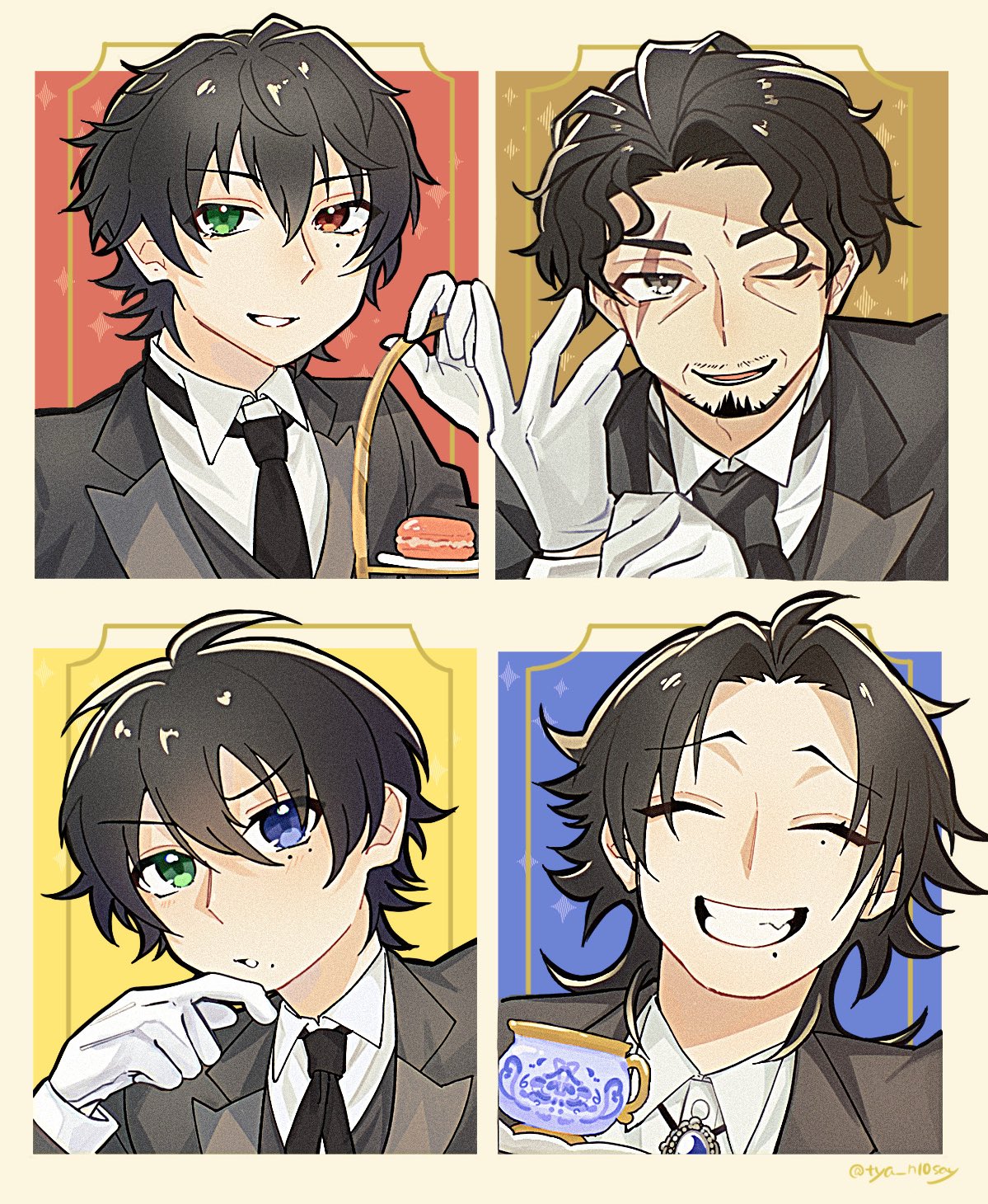 amayado rei, yamada ichiro, yamada jiro, yamada saburo, hypnosis mic, hypnosis mic: alternative rap battle, commentary request, highres, 4boys, :o, adjusting clothes, adjusting gloves, ahoge, beard stubble, black hair, black jacket, black necktie, blue background, blue eyes, bolo tie, brothers, brown background, buster bros!!!, butler, choppy bangs, cocked eyebrow, collared shirt, cup, curtained hair, facial hair, facing viewer, father and son, film grain, food, gloves, gold border, green eyes, grey eyes, grin, hair between eyes, heterochromia, inset border, jacket, lapels, light blush, long sleeves, looking at viewer, macaron, male focus, mature eyes, mature male, medium hair, mole, mole under eye, mole under mouth, multiple boys, multiple moles, mustache stubble, necktie, official alternate costume, open mouth, parted bangs, peaked lapels, piercing hole, portrait, raised inner eyebrows, red background, red eyes, scar, scar across eye, scar on face, shirt, short hair, siblings, smile, sparkle, stubble, teacup, thick eyebrows, twitter username, tya n10say, wavy hair, white background, white gloves, white shirt, wingtip collar, wrinkled skin, yellow background, yellow eyes