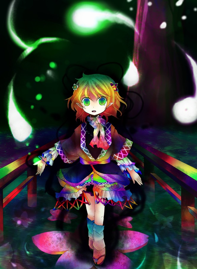 kazu (muchuukai), mizuhashi parsee, touhou, bad id, bad pixiv id, 1girl, black background, blonde hair, colorful, female focus, full body, glowing, green eyes, pointy ears, short hair, solo, standing
