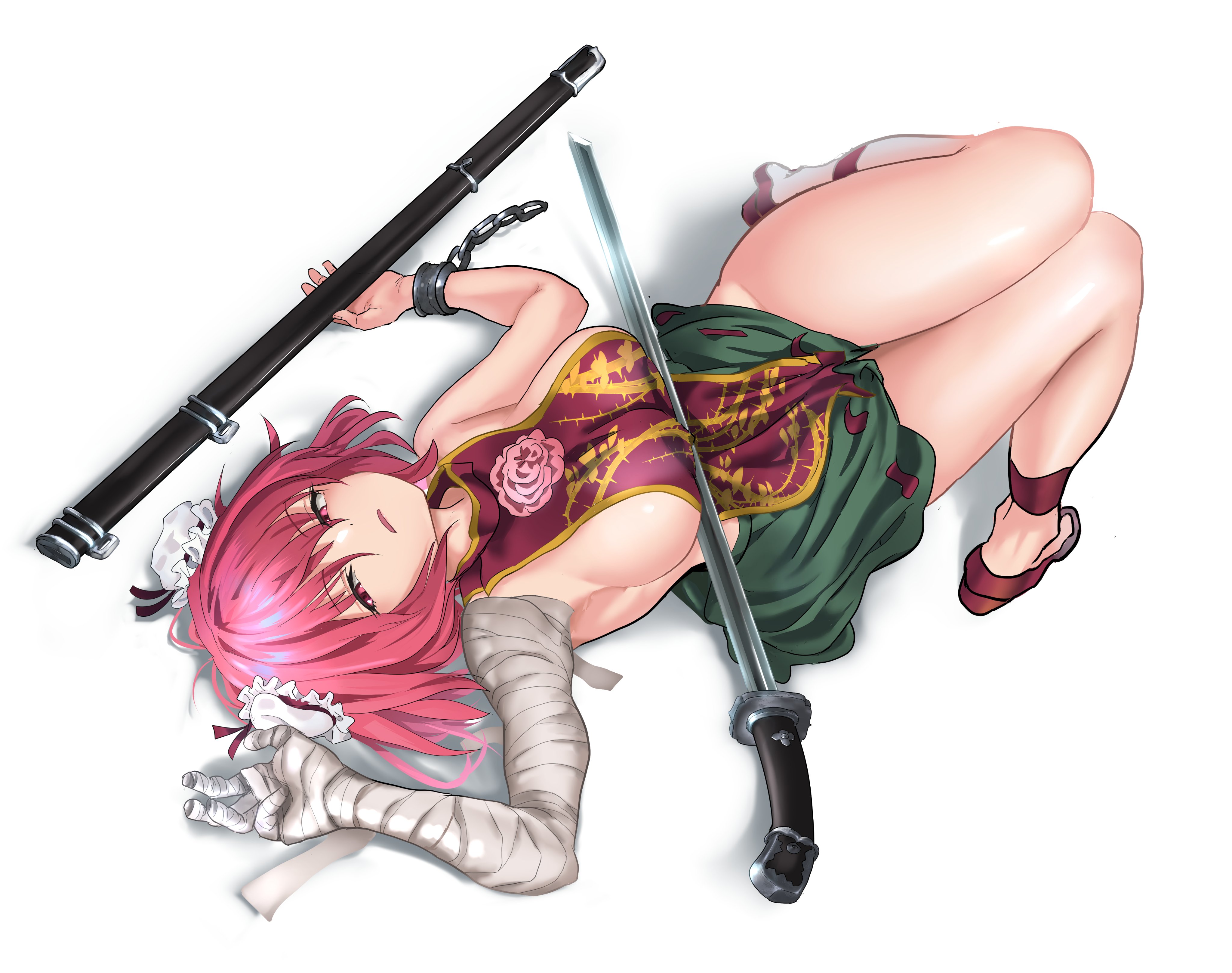 yuri kowashi (tetsukabuto nuranura), ibaraki kasen, touhou, absurdres, highres, 1girl, bandaged arm, bandages, bare shoulders, china dress, chinese clothes, closed eyes, dress, green skirt, lying, pink eyes, red hair, scabbard, sheath, short hair, skirt, sleeveless, sword, weapon