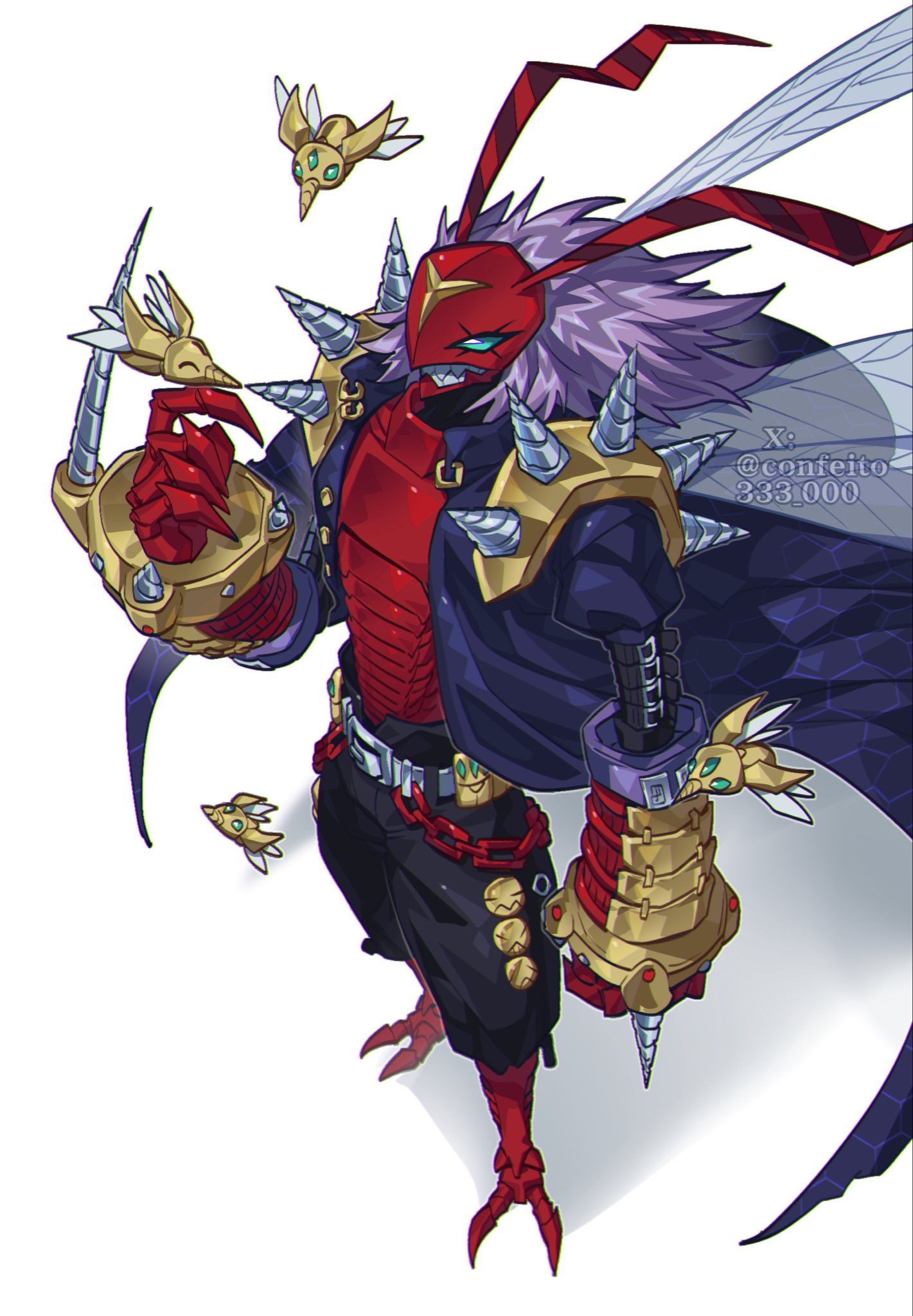 confeito000 333, banchostingmon, digimon, highres, 1boy, arm blade, black coat, black pants, blue eyes, bug, coat, digimon (creature), full body, grey hair, male focus, medium hair, pants, solo, spikes, weapon