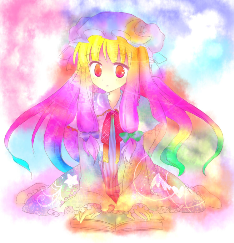 kazu (muchuukai), patchouli knowledge, touhou, bad id, bad pixiv id, 1girl, alternate eye color, alternate hair color, book, colorful, female focus, full body, hat, long hair, mob cap, ribbon, sitting, socks, solo