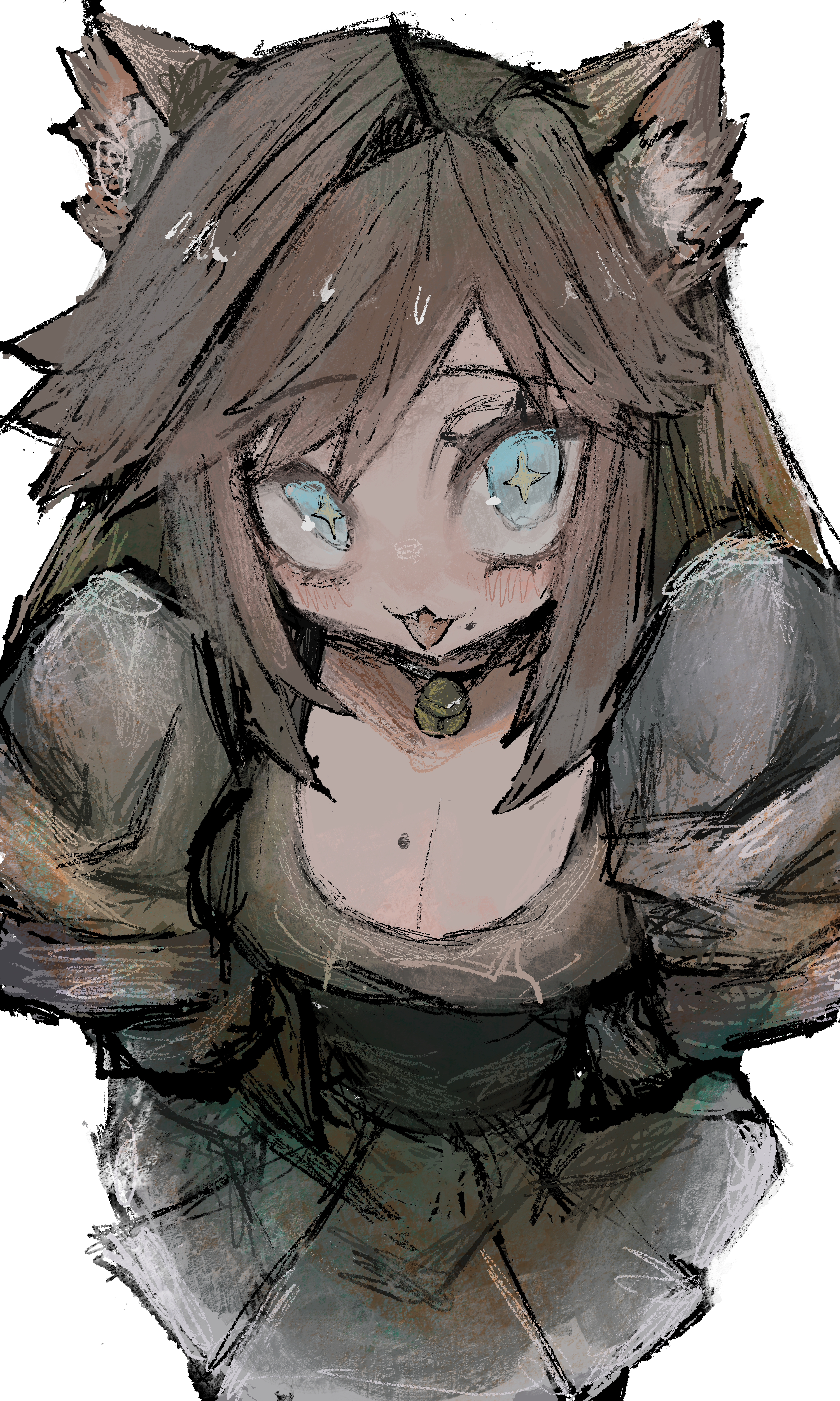 yo mi chi000, chelzor the destroyer, indie virtual youtuber, absurdres, highres, non-web source, + +, 1girl, ahoge, animal ears, bell, blue eyes, breasts, brown hair, cat ears, cat girl, collar, fangs, hood, hoodie, large breasts, neck bell, pleated skirt, skirt, tank top, vitual youtuber