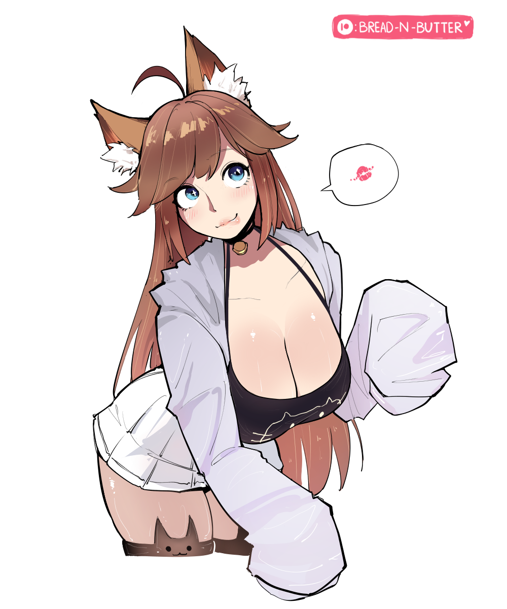 bread-n-butter, chelzor the destroyer, indie virtual youtuber, highres, non-web source, + +, 1girl, ahoge, animal ears, bell, biting own lip, blue eyes, breasts, brown hair, cat ears, cat girl, collar, fangs, hood, hoodie, kiss, large breasts, long sleeves, neck bell, pleated skirt, skirt, tank top, thighhighs, vitual youtuber